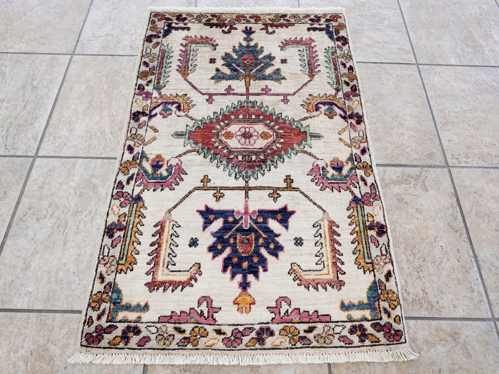 2x3 Ft Beige Oriental Rug - Hand Knotted Afghan Rug