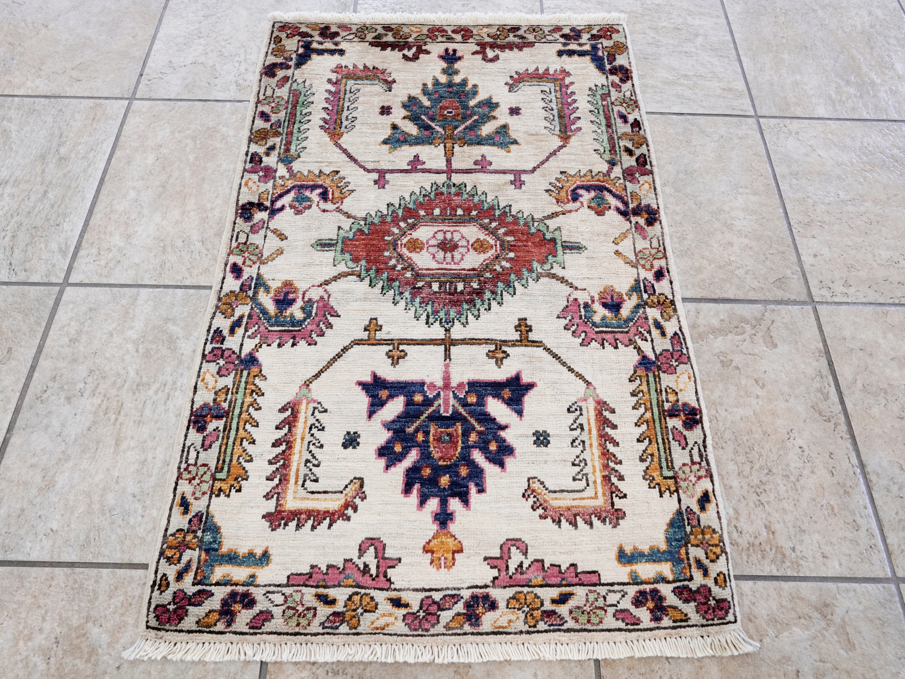 2x3 Ft Beige Oriental Rug - Hand Knotted Afghan Rug
