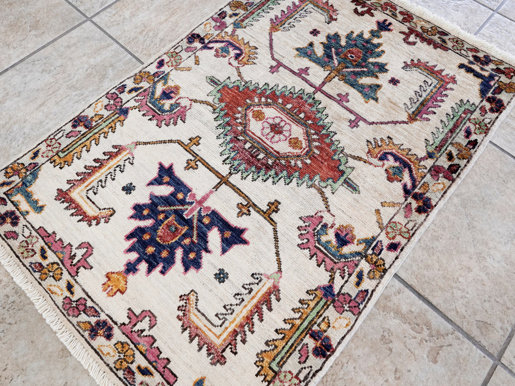 2x3 Ft Beige Oriental Rug - Hand Knotted Afghan Rug