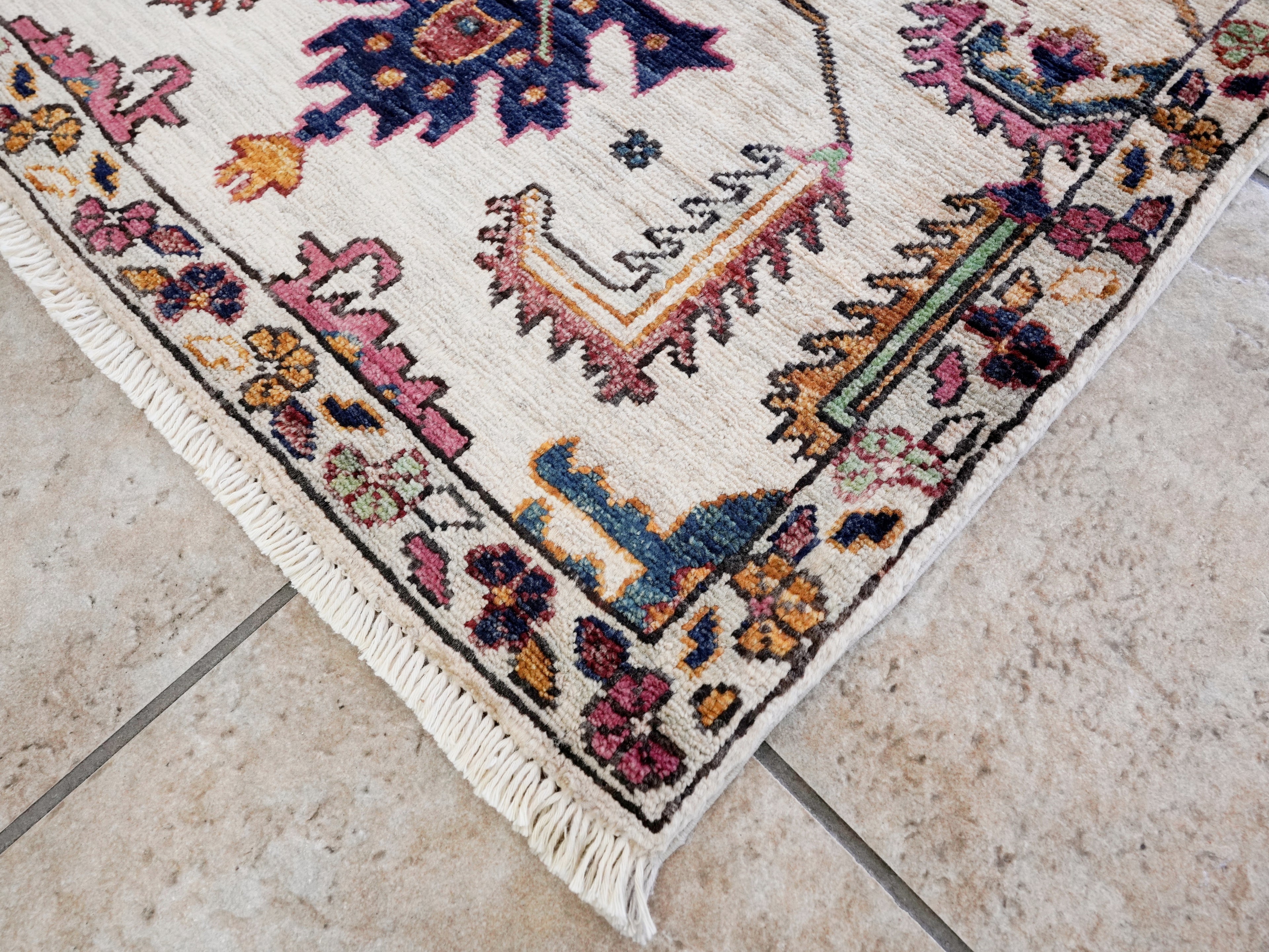 2x3 Ft Beige Oriental Rug - Hand Knotted Afghan Rug