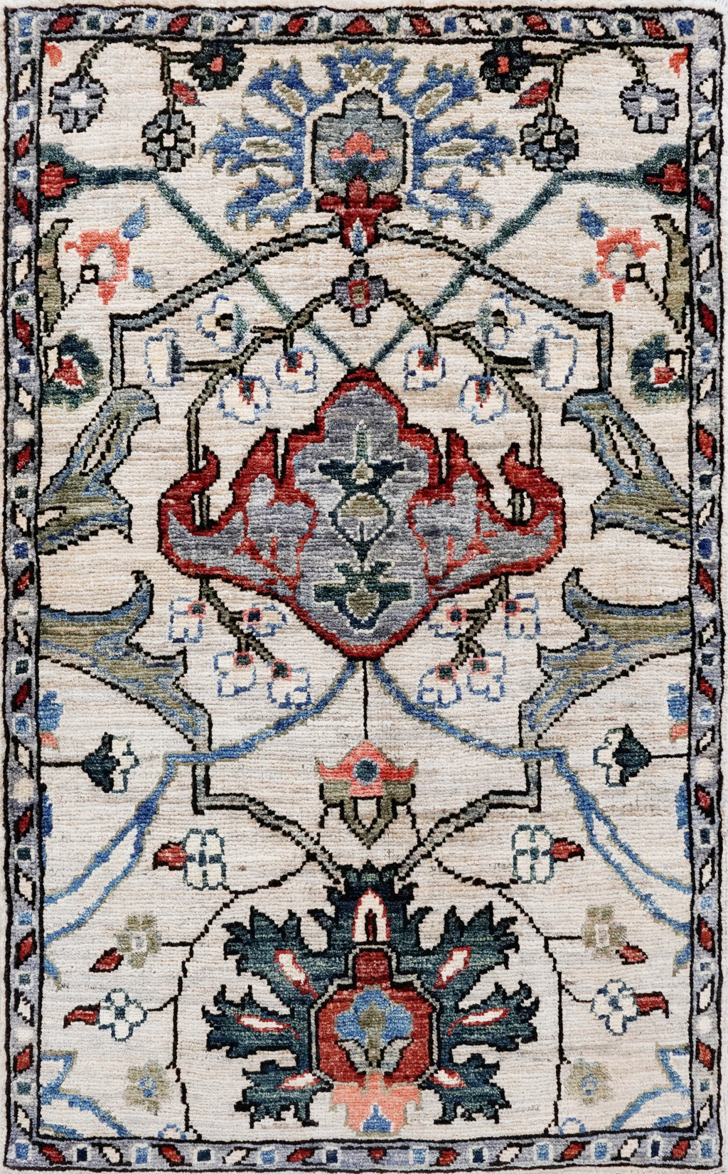 2x3 Ft Beige Floral Rug - Hand Knotted Afghan Wool Rug
