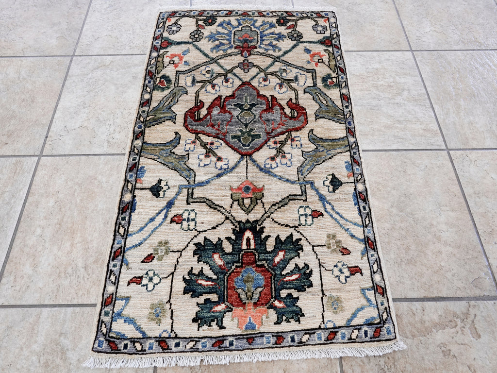2x3 Ft Beige Floral Rug - Hand Knotted Afghan Wool Rug