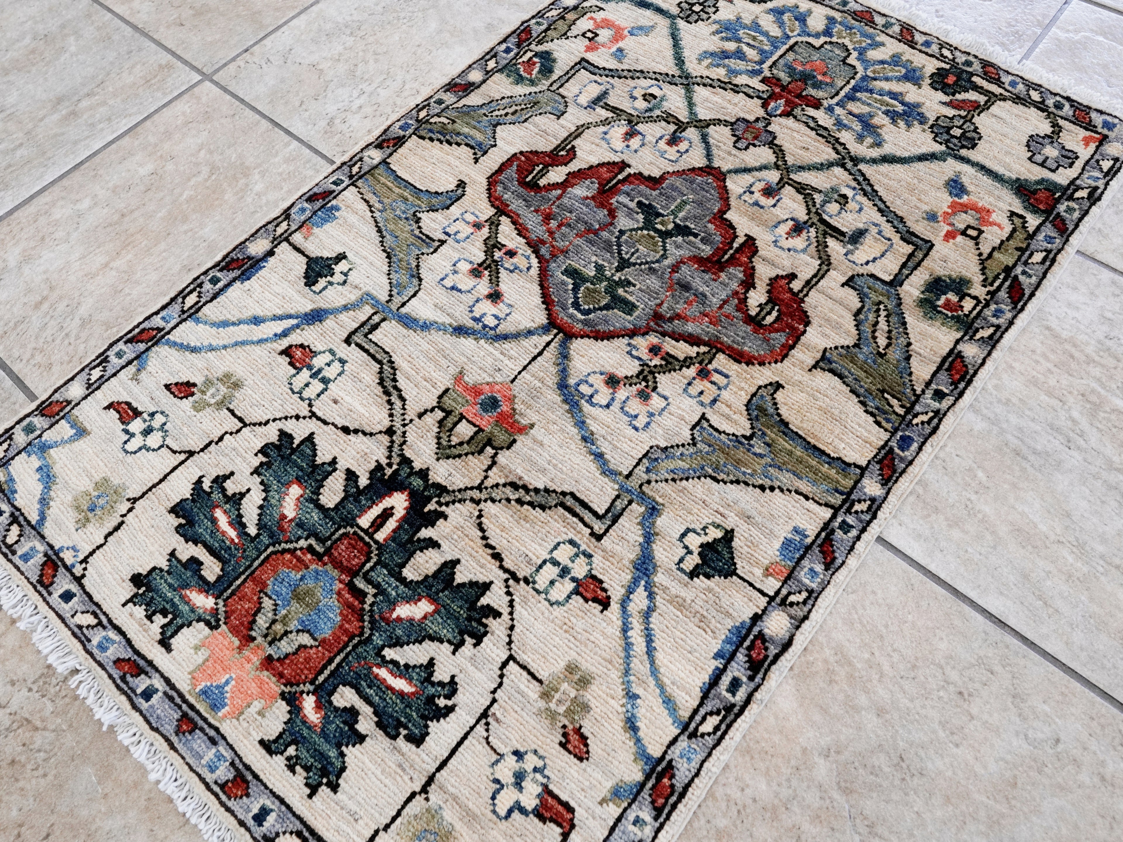 2x3 Ft Beige Floral Rug - Hand Knotted Afghan Wool Rug