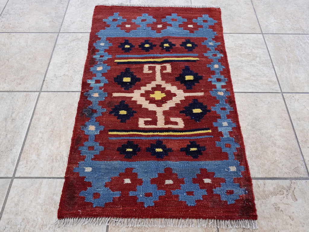 2x3 Ft Red & Blue Killim Rug - Hand Woven Flatweave Rug