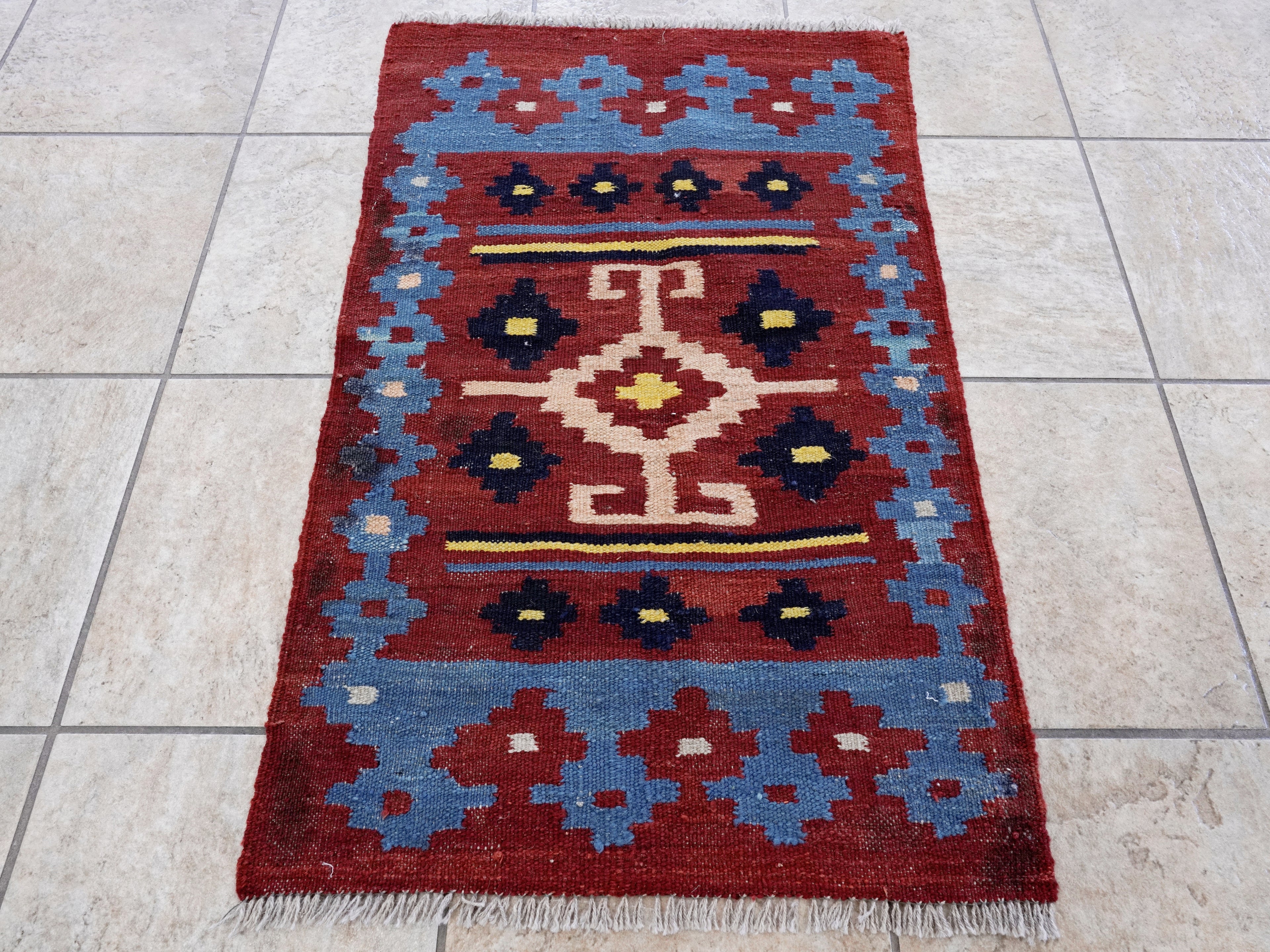 2x3 Ft Red & Blue Killim Rug - Hand Woven Flatweave Rug