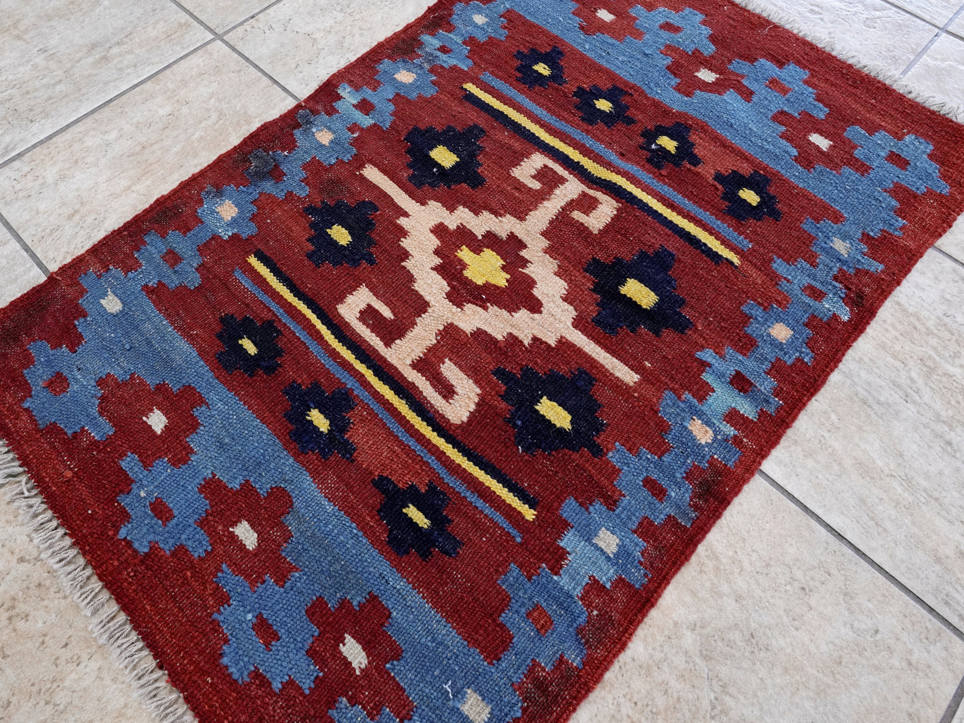 2x3 Ft Red & Blue Killim Rug - Hand Woven Flatweave Rug