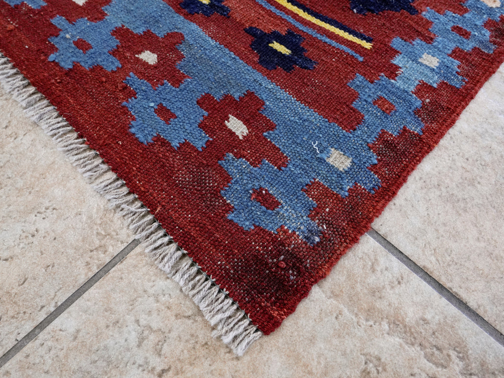 2x3 Ft Red & Blue Killim Rug - Hand Woven Flatweave Rug