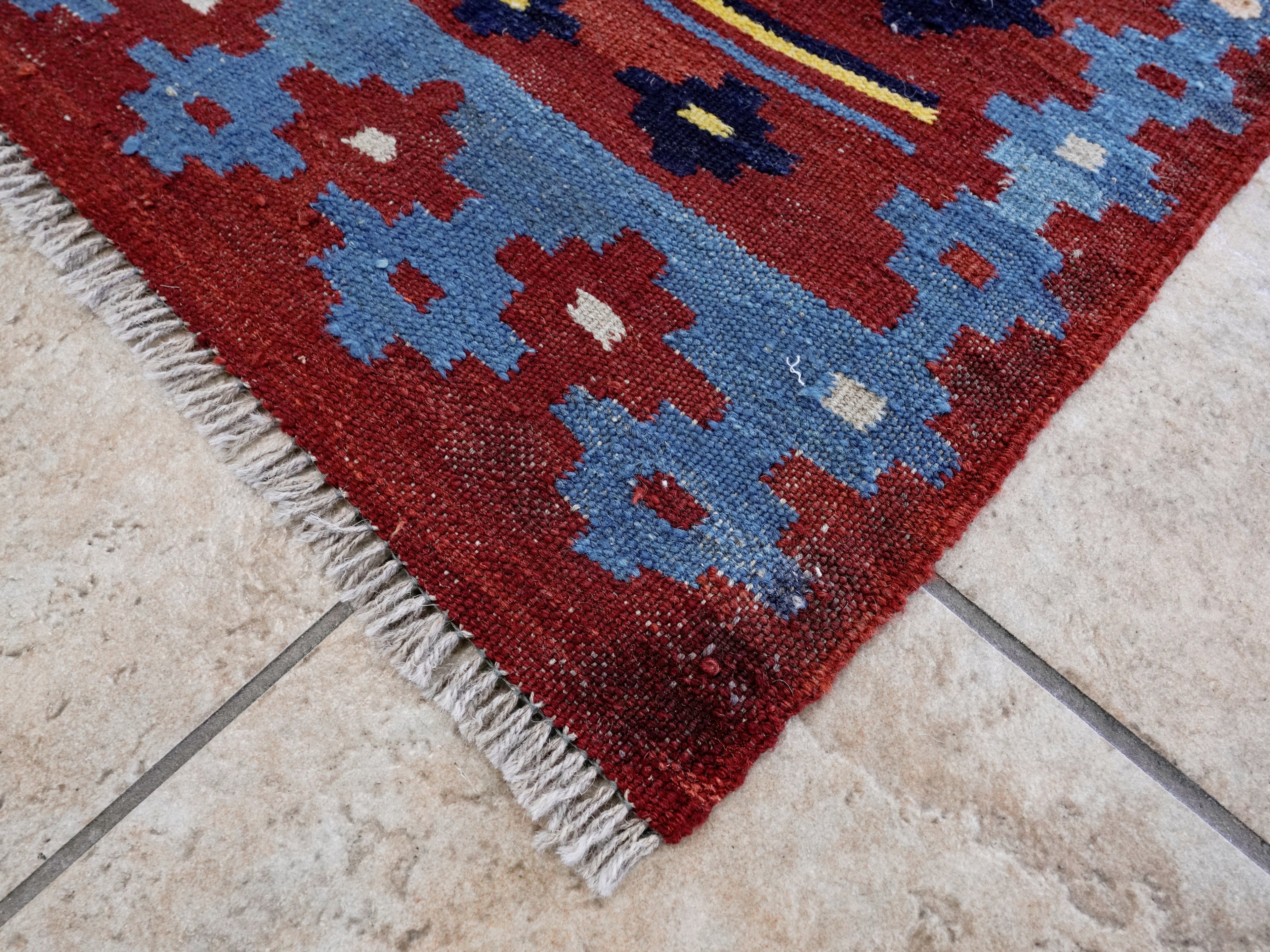 2x3 Ft Red & Blue Killim Rug - Hand Woven Flatweave Rug