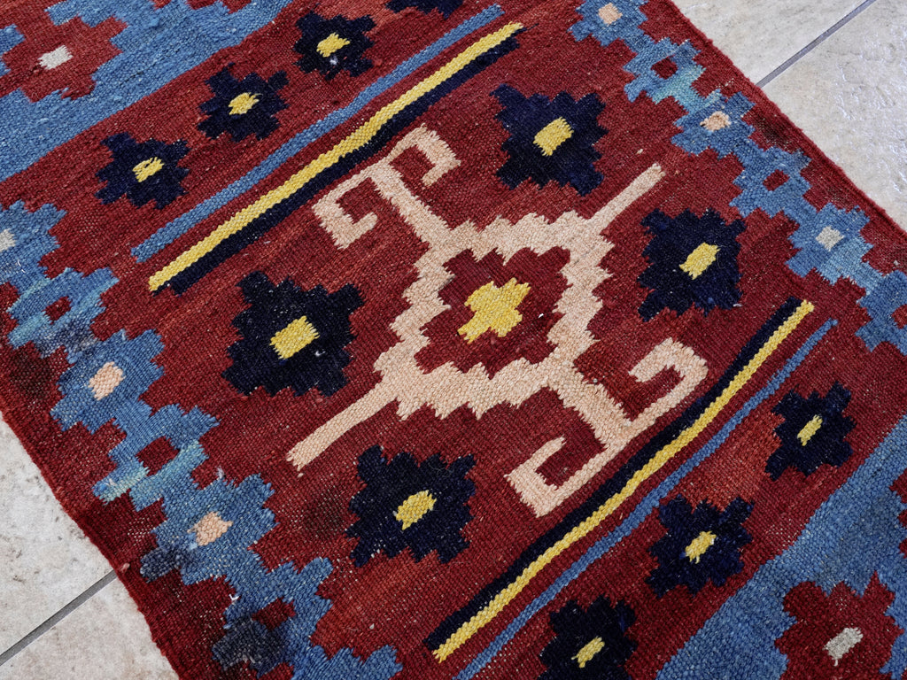 2x3 Ft Red & Blue Killim Rug - Hand Woven Flatweave Rug