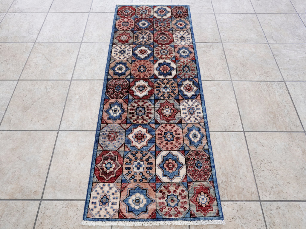 2x5 Ft Blue Afghan Oriental Rug - Hand Knotted Small Runner