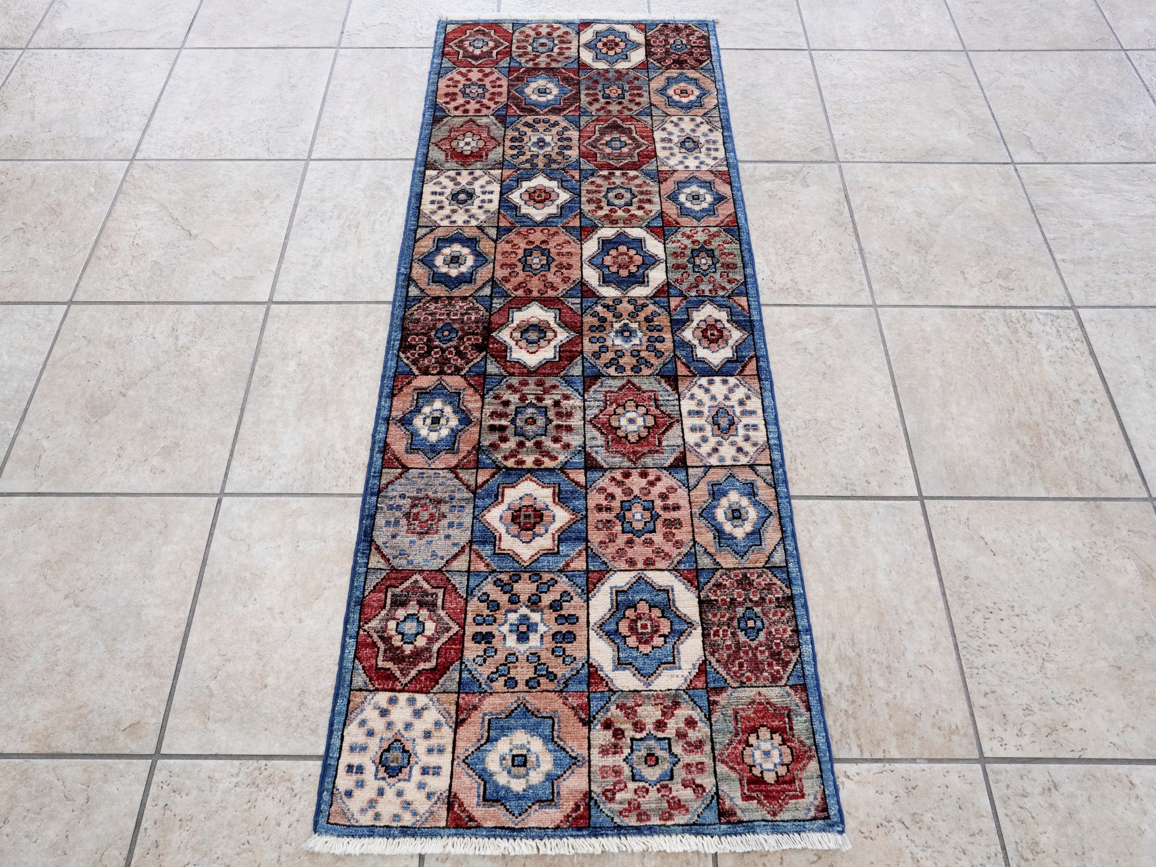 2x5 Ft Blue Afghan Oriental Rug - Hand Knotted Small Runner