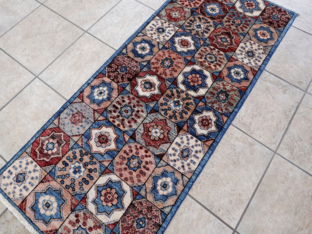 2x5 Ft Blue Afghan Oriental Rug - Hand Knotted Small Runner