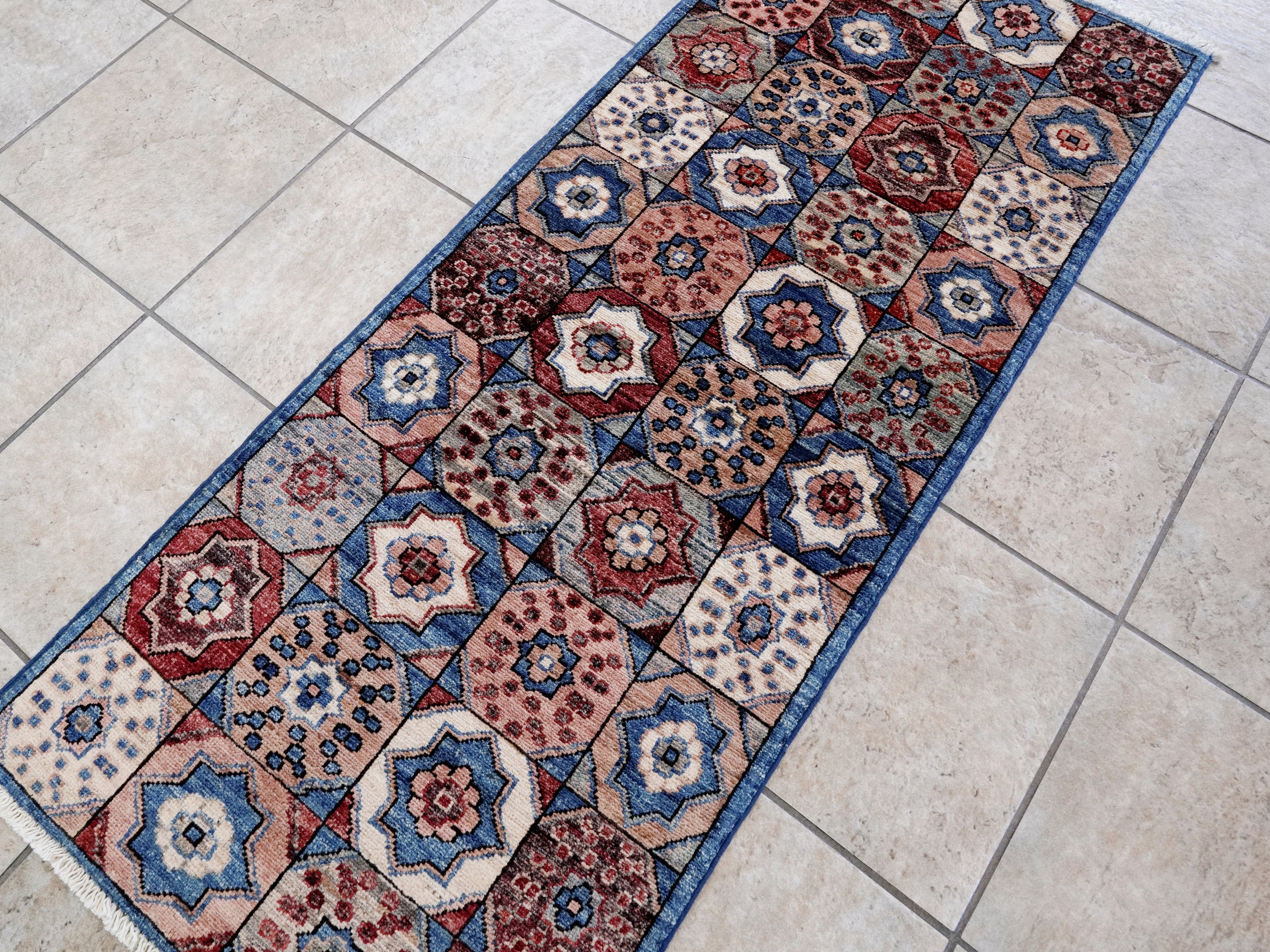 2x5 Ft Blue Afghan Oriental Rug - Hand Knotted Small Runner