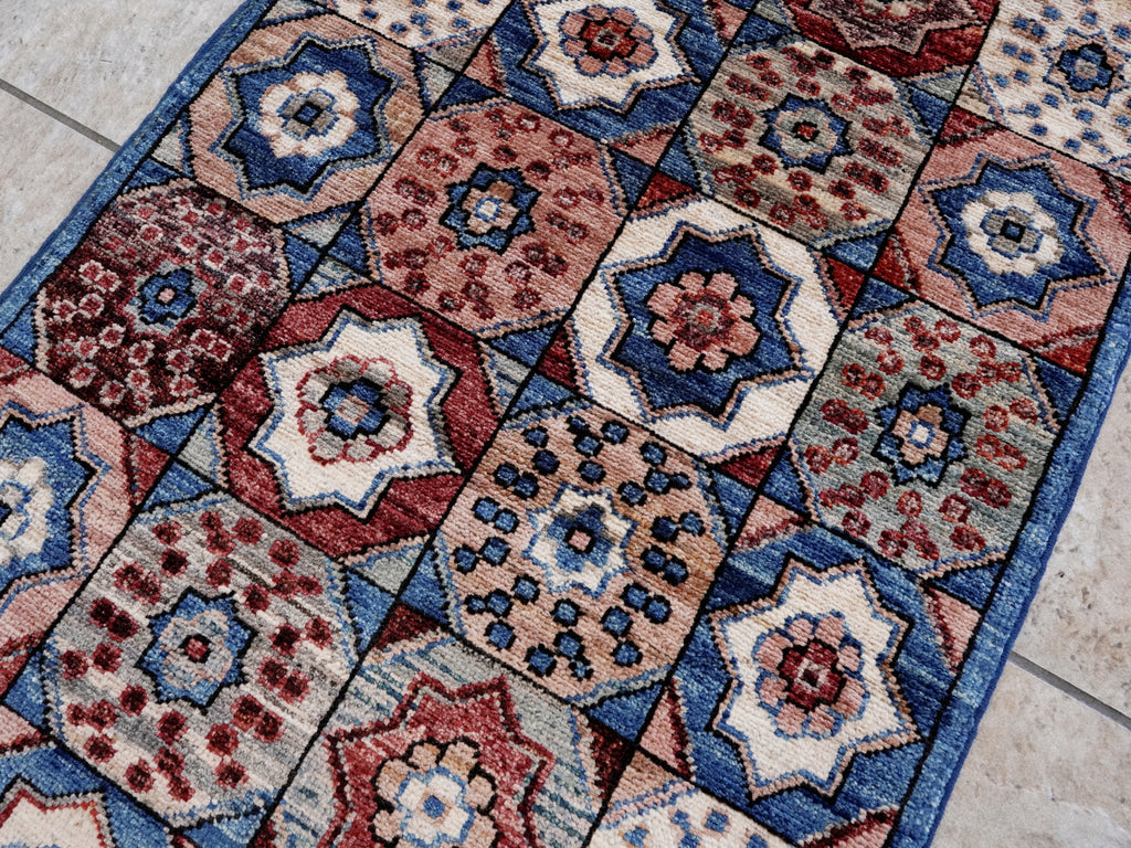 2x5 Ft Blue Afghan Oriental Rug - Hand Knotted Small Runner