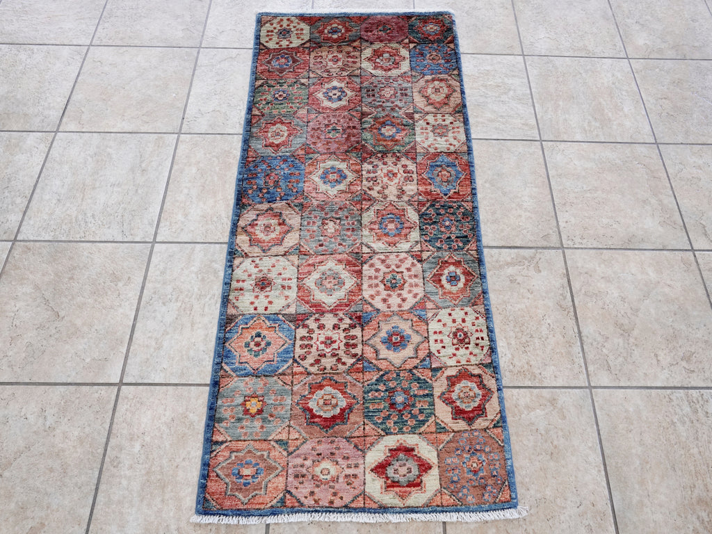 2x5 Ft Blue & Red Afghan Oriental Rug - Hand Knotted Small Runner