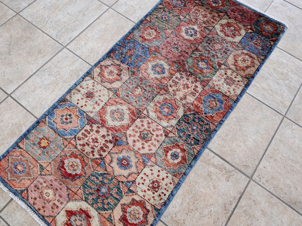 2x5 Ft Blue & Red Afghan Oriental Rug - Hand Knotted Small Runner