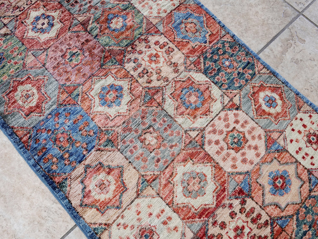 2x5 Ft Blue & Red Afghan Oriental Rug - Hand Knotted Small Runner
