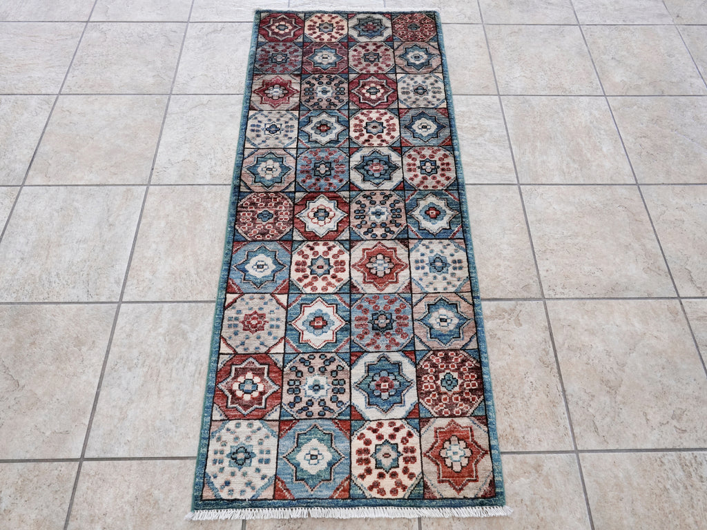 2x5 Ft Blue Afghan Oriental Rug - Hand Knotted Small Runner