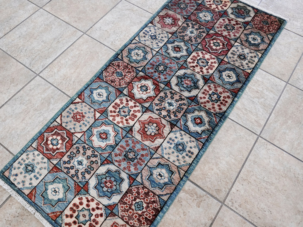 2x5 Ft Blue Afghan Oriental Rug - Hand Knotted Small Runner