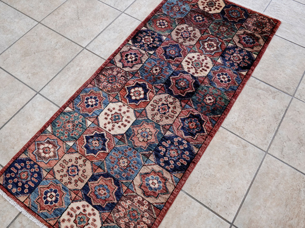 2x5 Ft Red Afghan Oriental Rug - Hand Knotted Small Runner