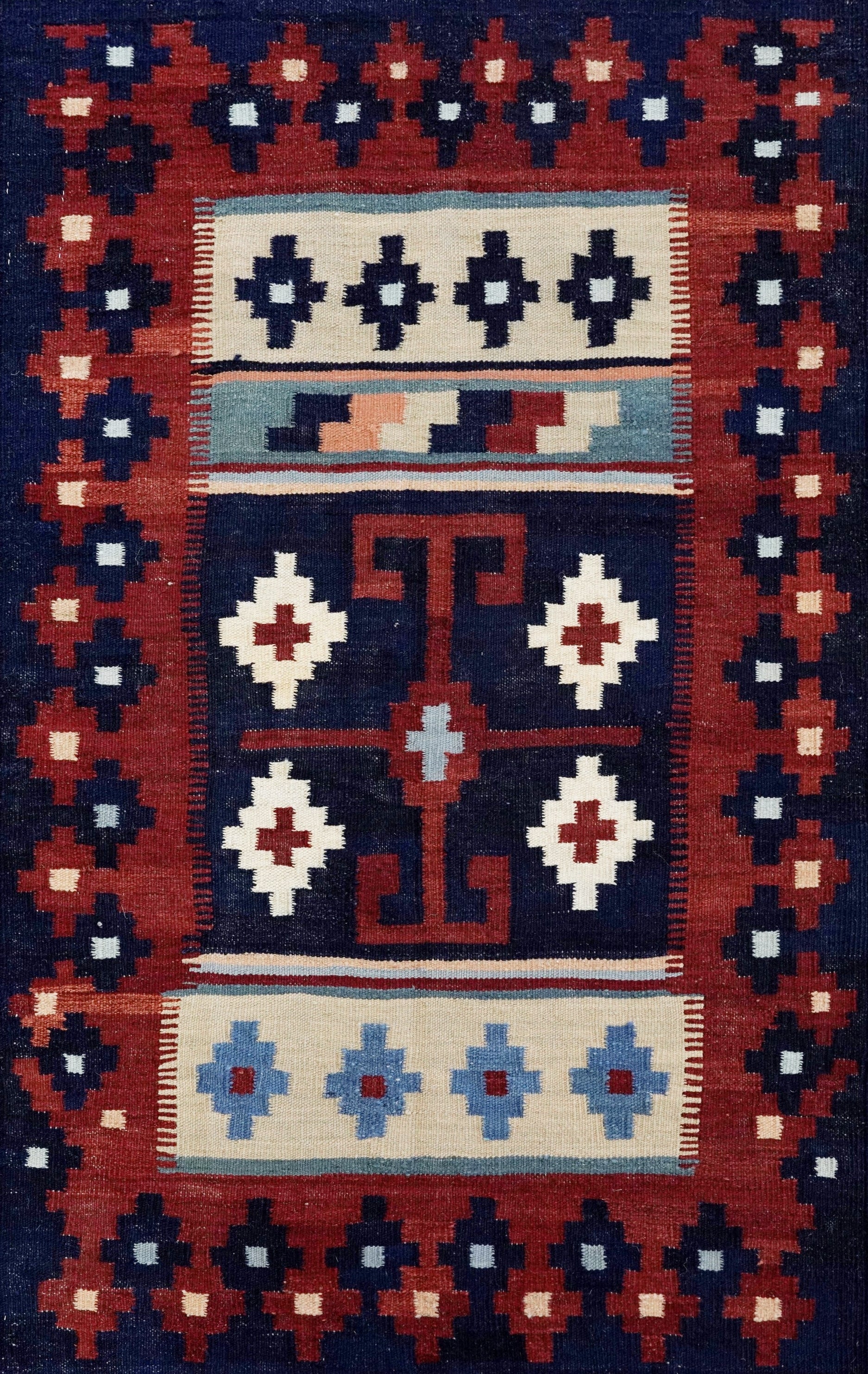 3x5 Ft Blue Killim Rug - Hand Knotted Afghan Flatweave Rug
