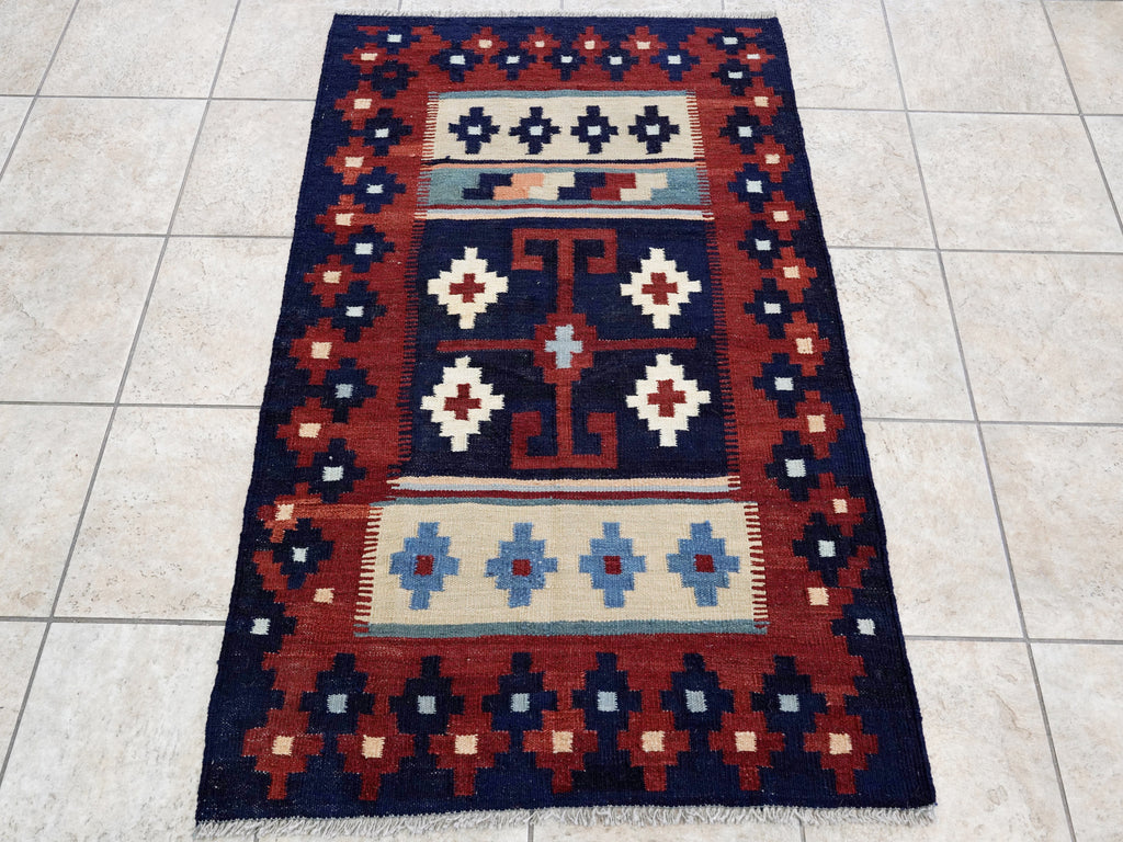 3x5 Ft Blue Killim Rug - Hand Knotted Afghan Flatweave Rug