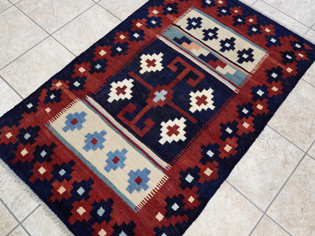 3x5 Ft Blue Killim Rug - Hand Knotted Afghan Flatweave Rug