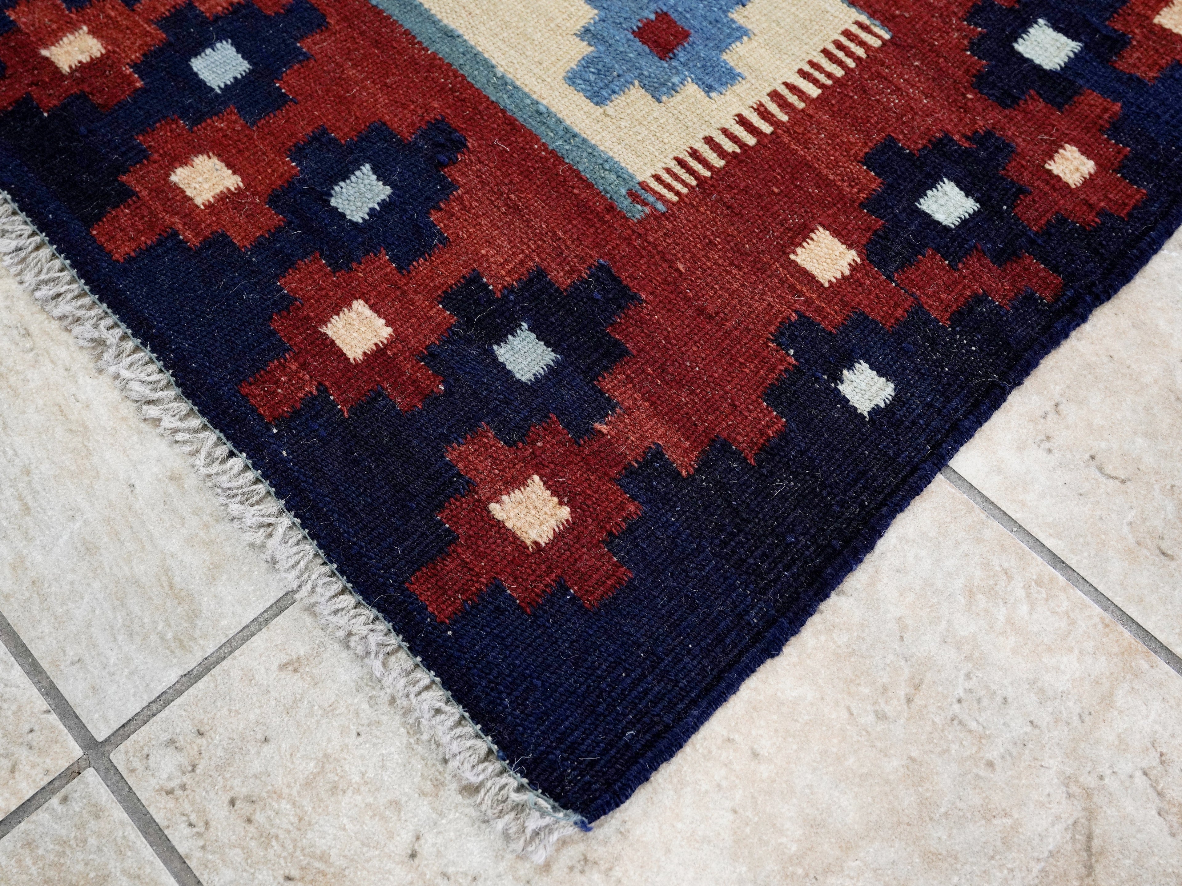 3x5 Ft Blue Killim Rug - Hand Knotted Afghan Flatweave Rug