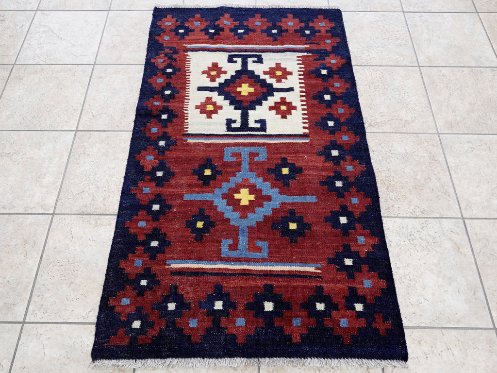 3x5 Ft Blue Killim Rug - Hand Knotted Afghan Flatweave Rug