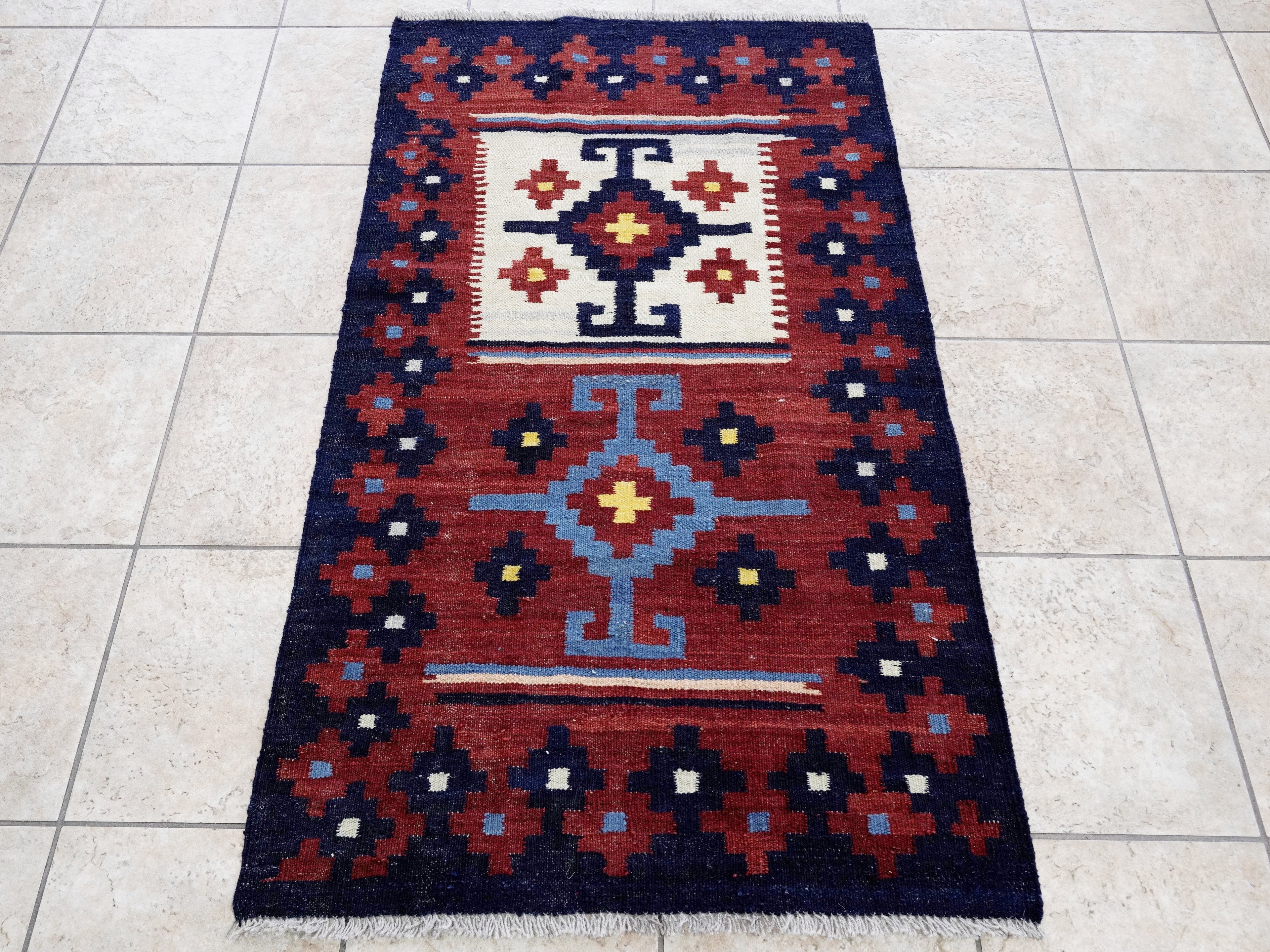 3x5 Ft Blue Killim Rug - Hand Knotted Afghan Flatweave Rug