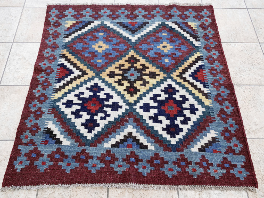 4x4 Ft Blue Square Killim Rug - Afghan Handwoven Flatweave