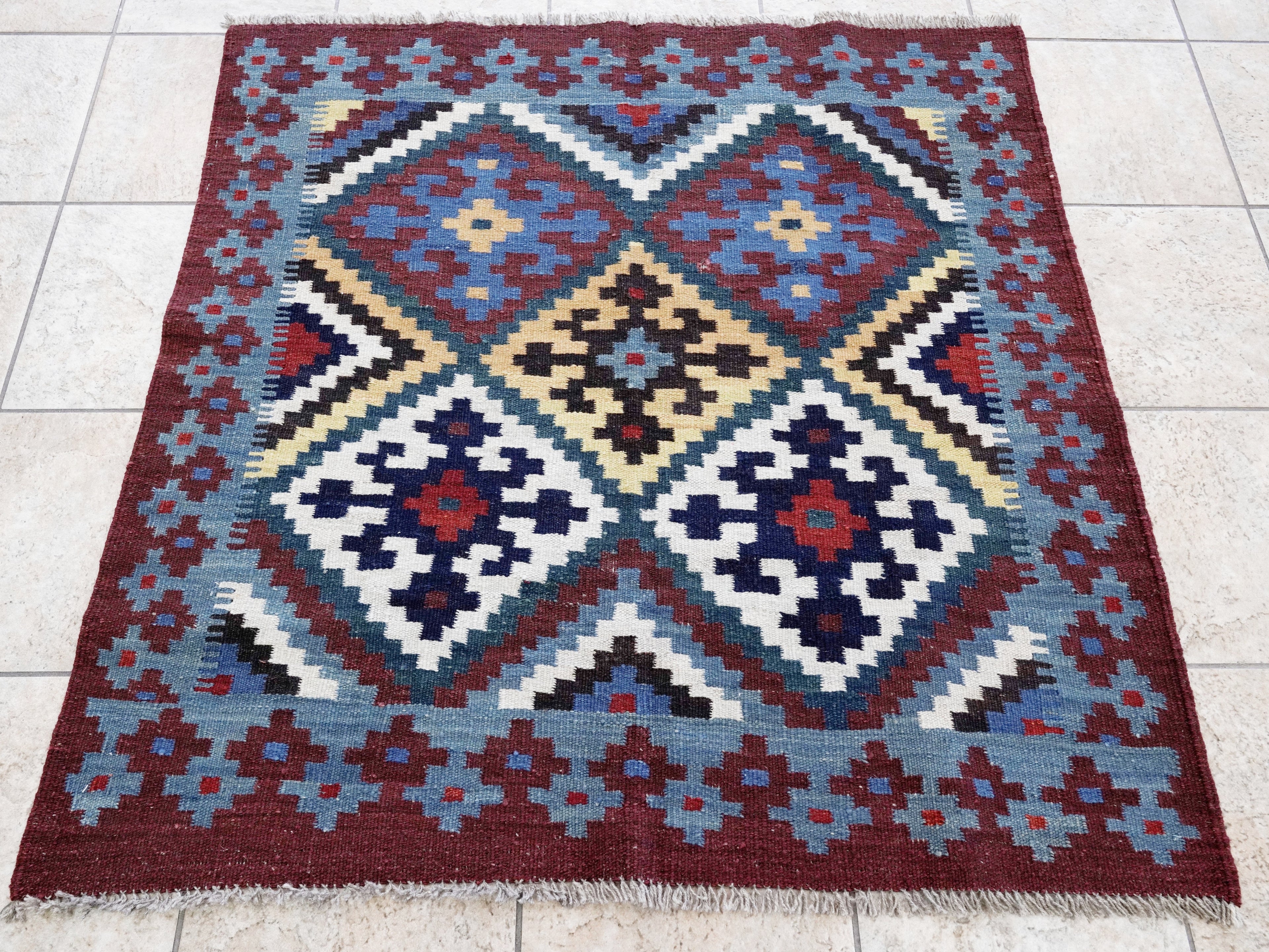 4x4 Ft Blue Square Killim Rug - Afghan Handwoven Flatweave