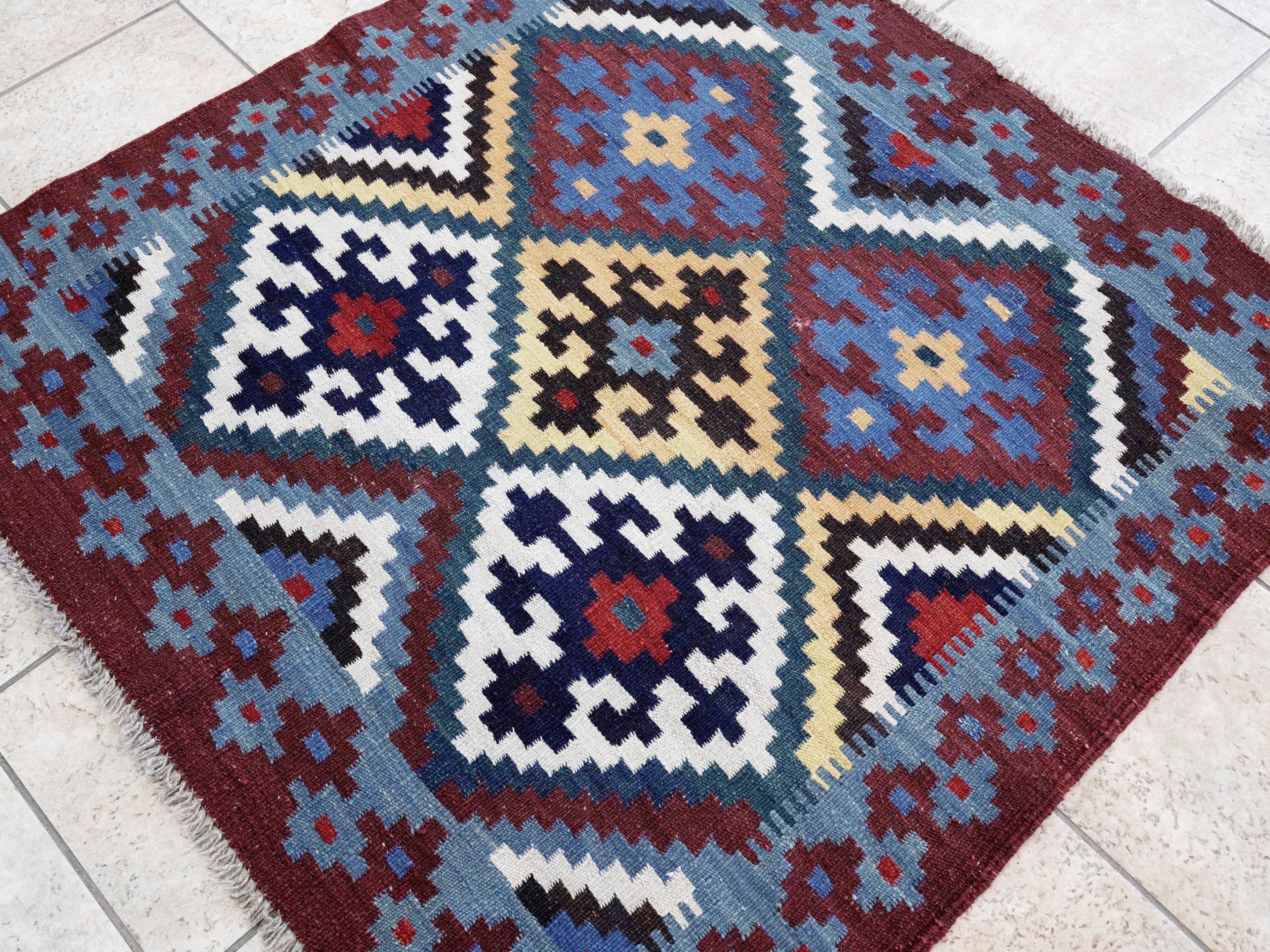 4x4 Ft Blue Square Killim Rug - Afghan Handwoven Flatweave