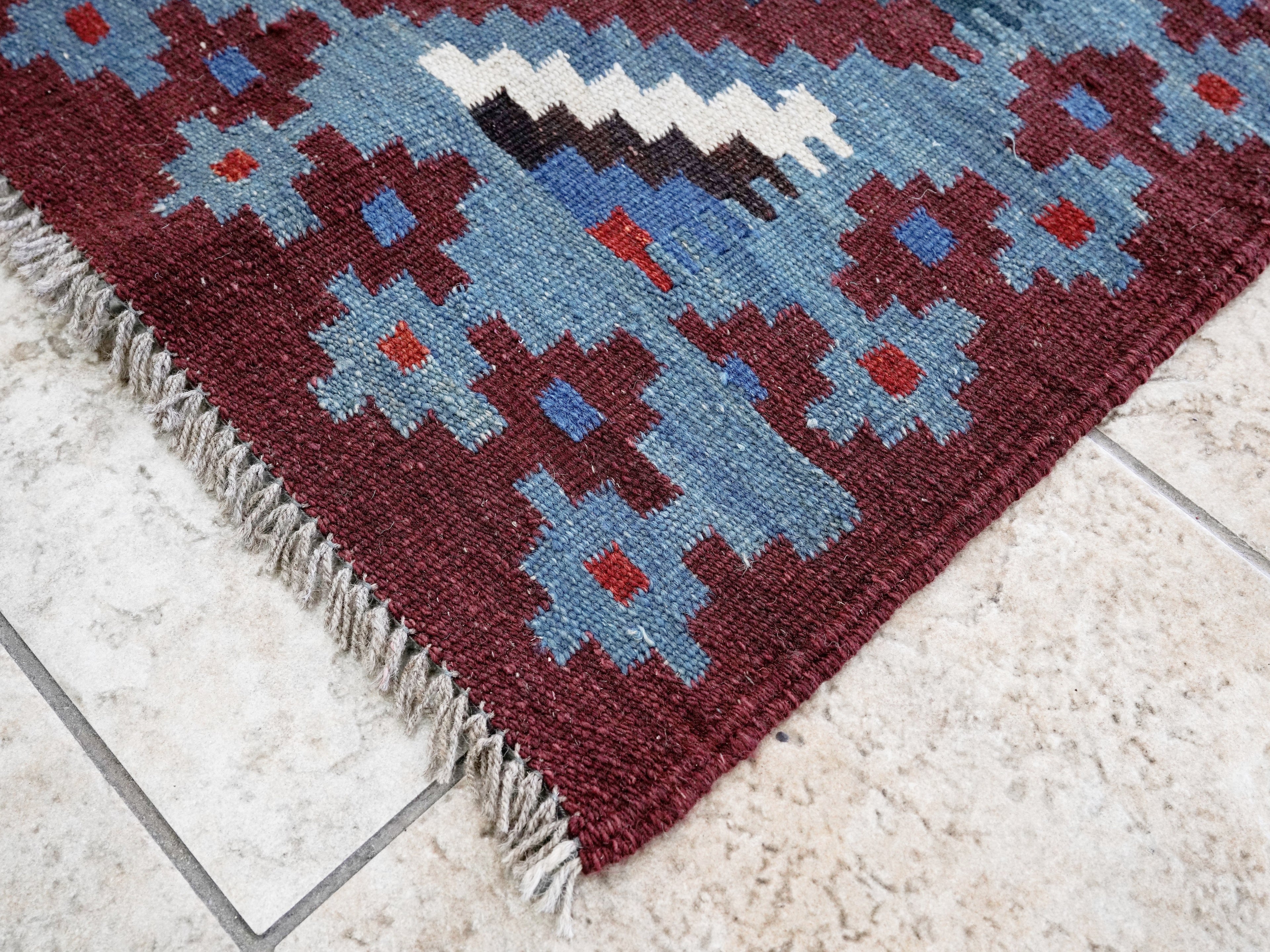 4x4 Ft Blue Square Killim Rug - Afghan Handwoven Flatweave