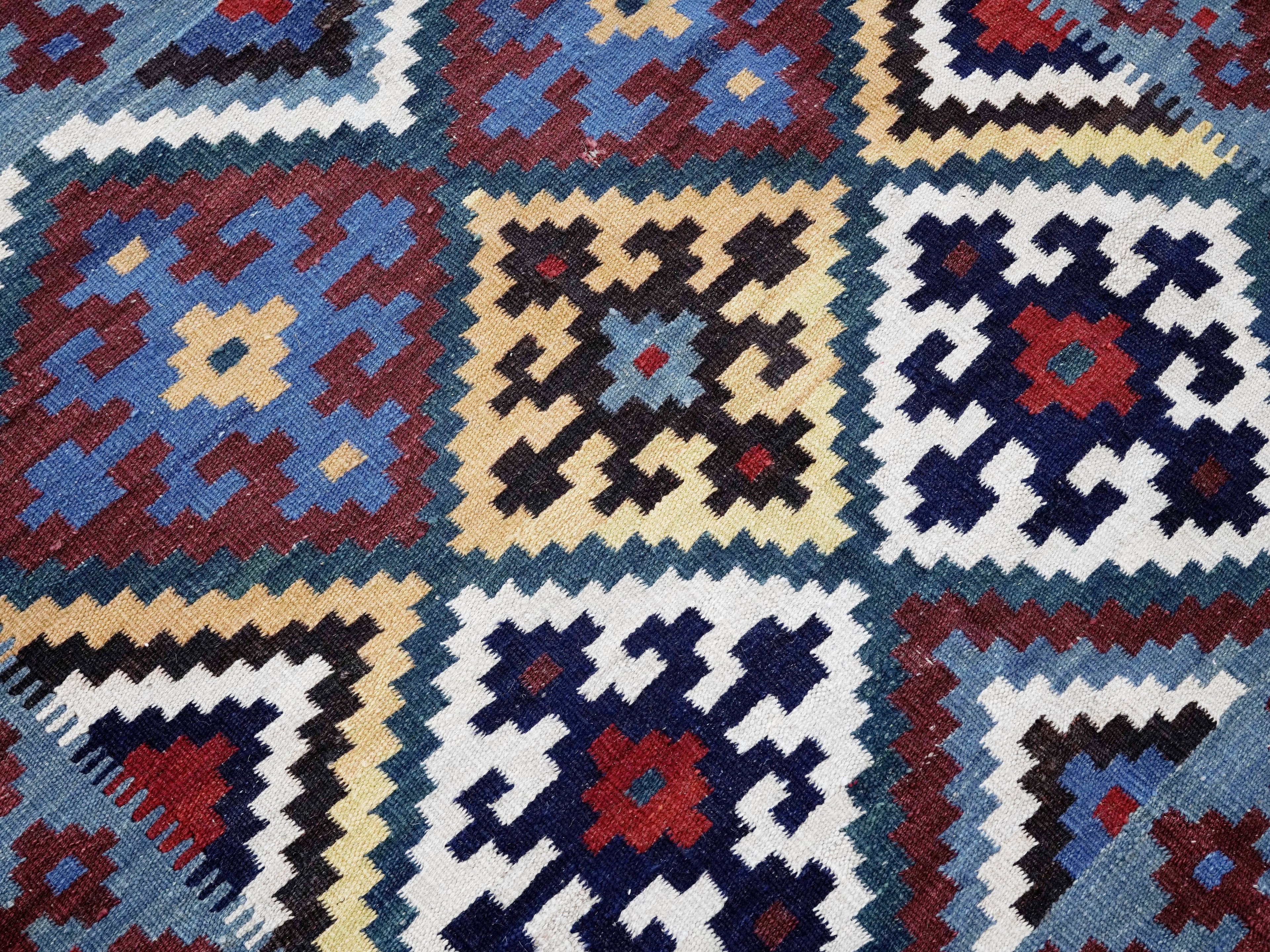 4x4 Ft Blue Square Killim Rug - Afghan Handwoven Flatweave