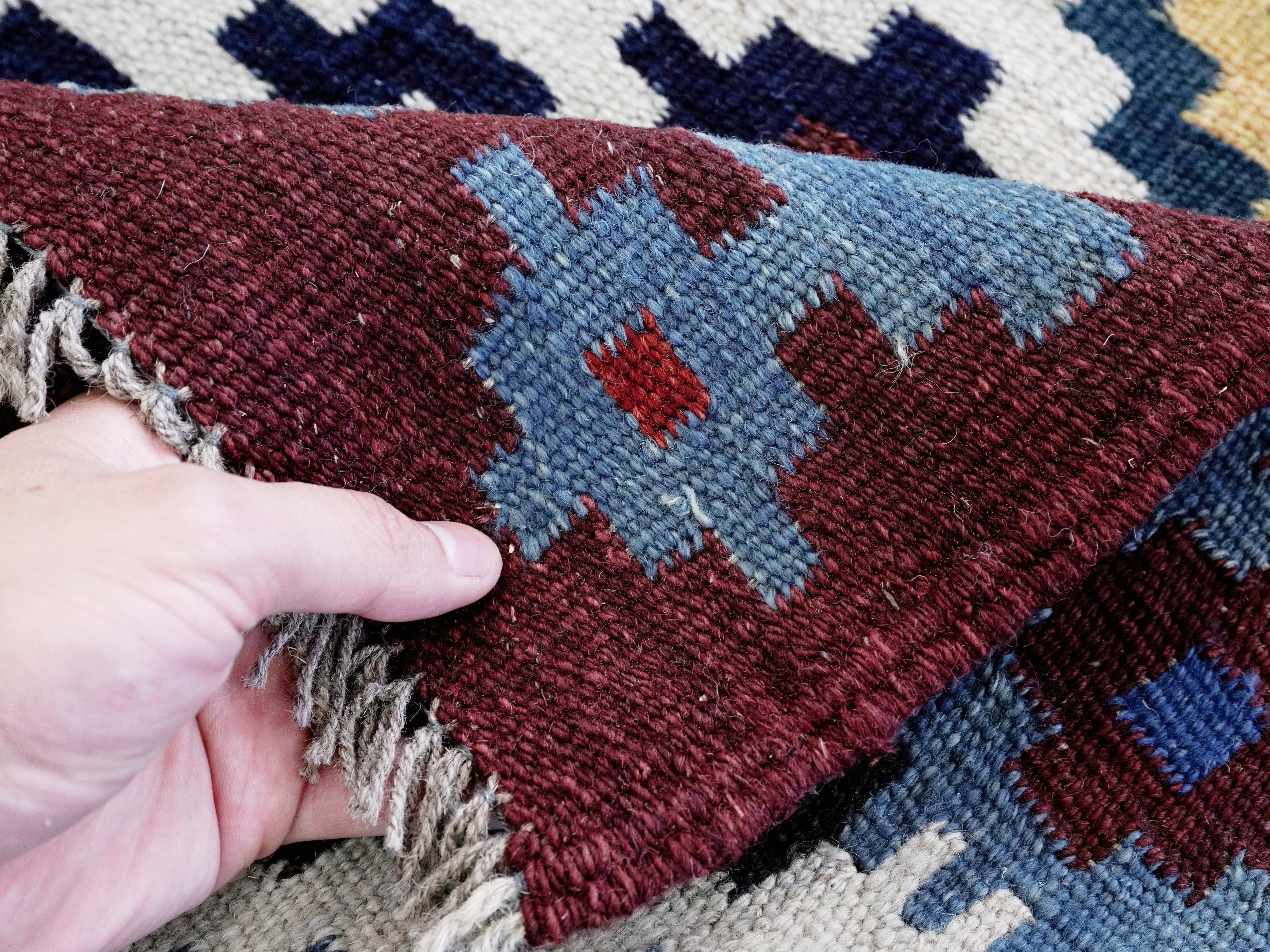4x4 Ft Blue Square Killim Rug - Afghan Handwoven Flatweave