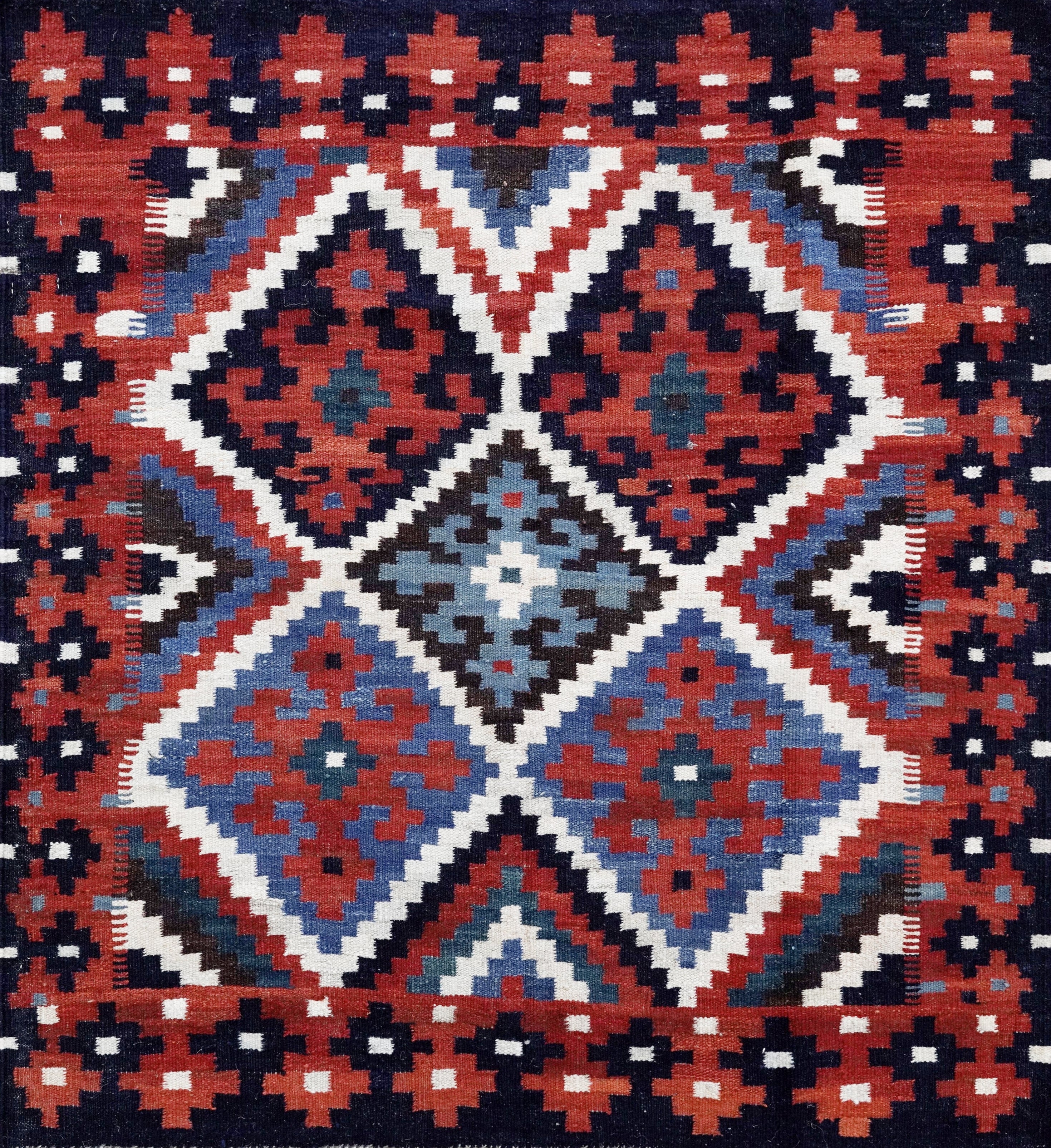 4x4 Ft Blue Square Killim Rug - Afghan Handwoven Flatweave