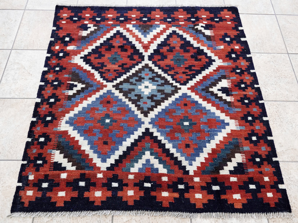 4x4 Ft Blue Square Killim Rug - Afghan Handwoven Flatweave