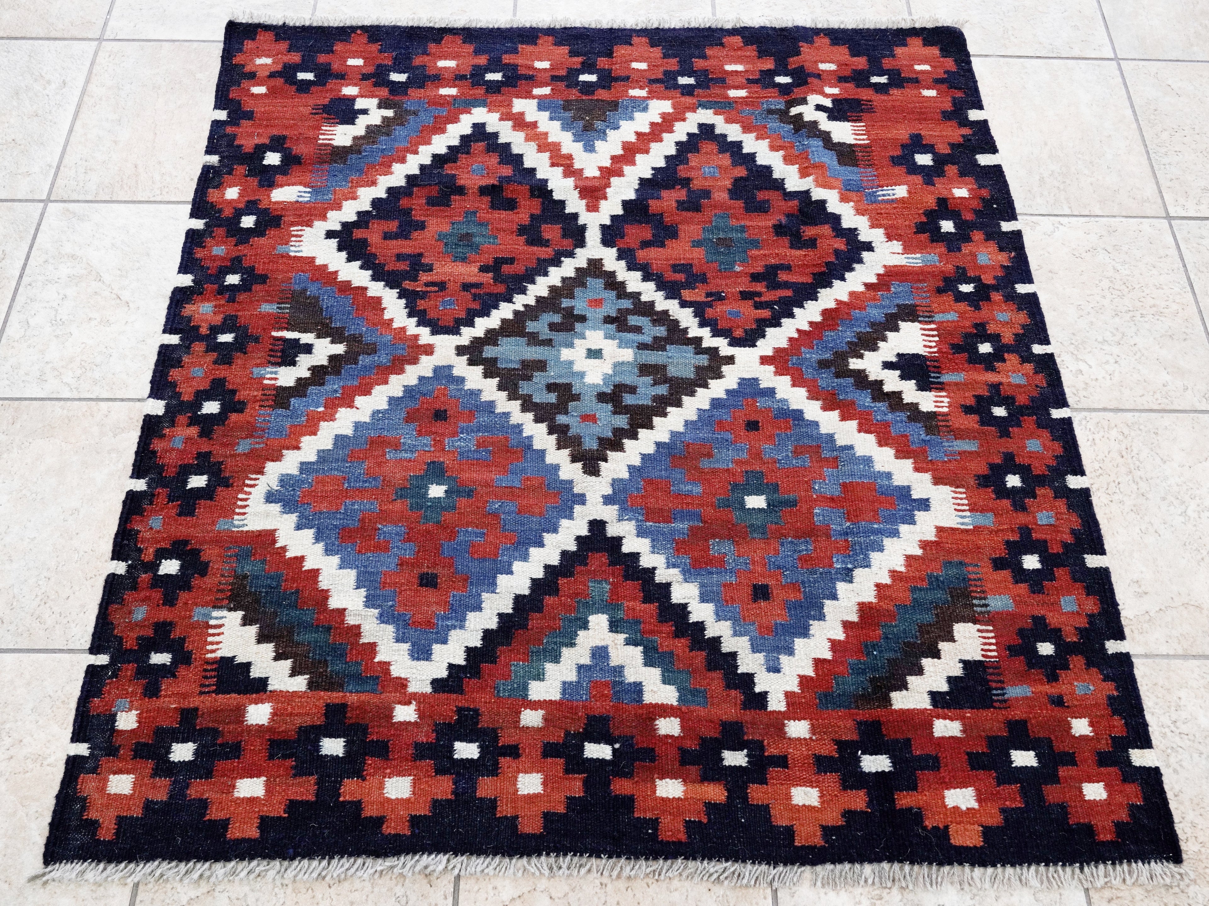 4x4 Ft Blue Square Killim Rug - Afghan Handwoven Flatweave