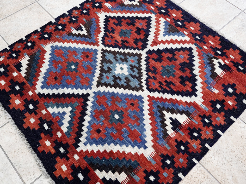 4x4 Ft Blue Square Killim Rug - Afghan Handwoven Flatweave