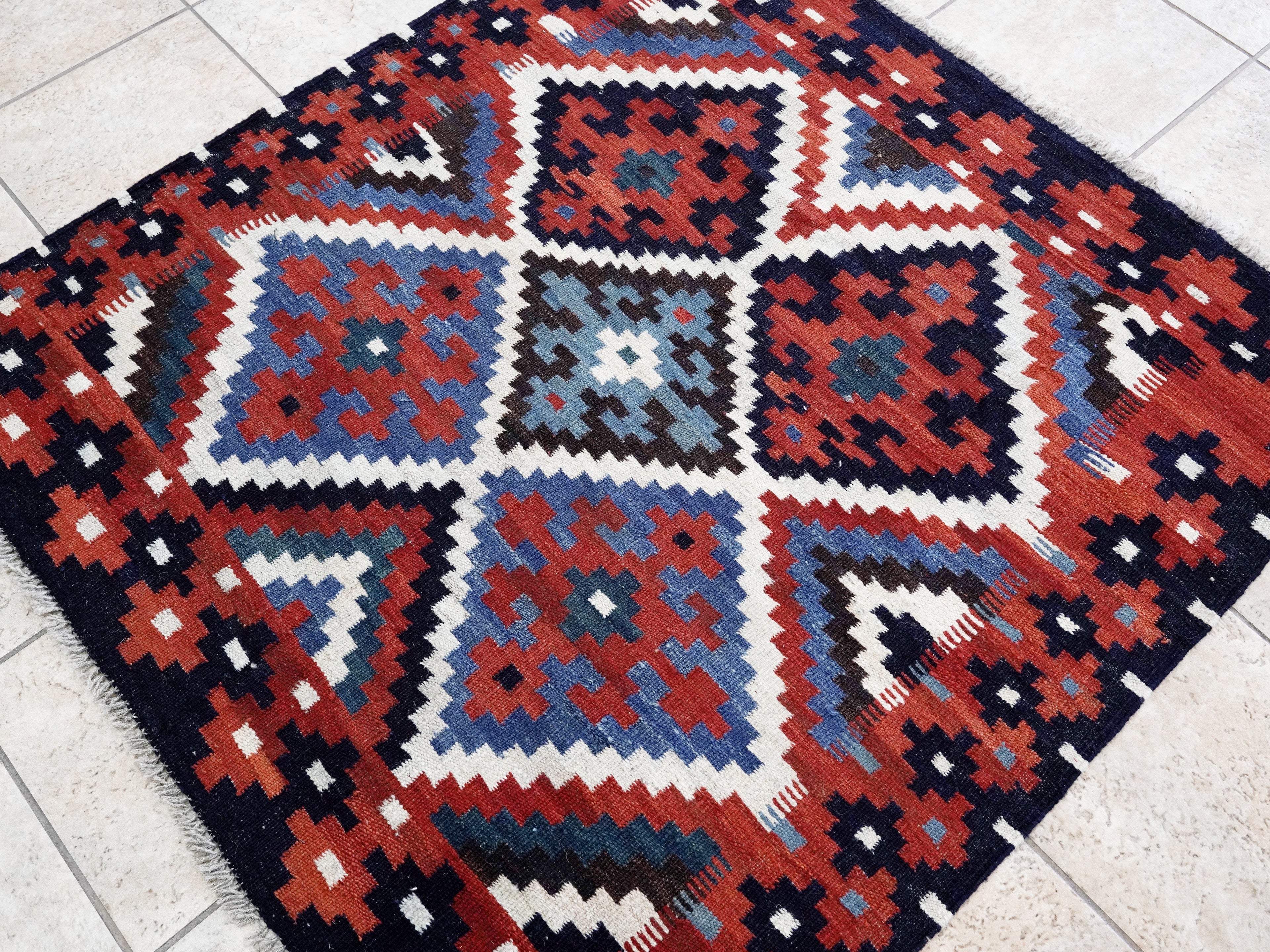 4x4 Ft Blue Square Killim Rug - Afghan Handwoven Flatweave
