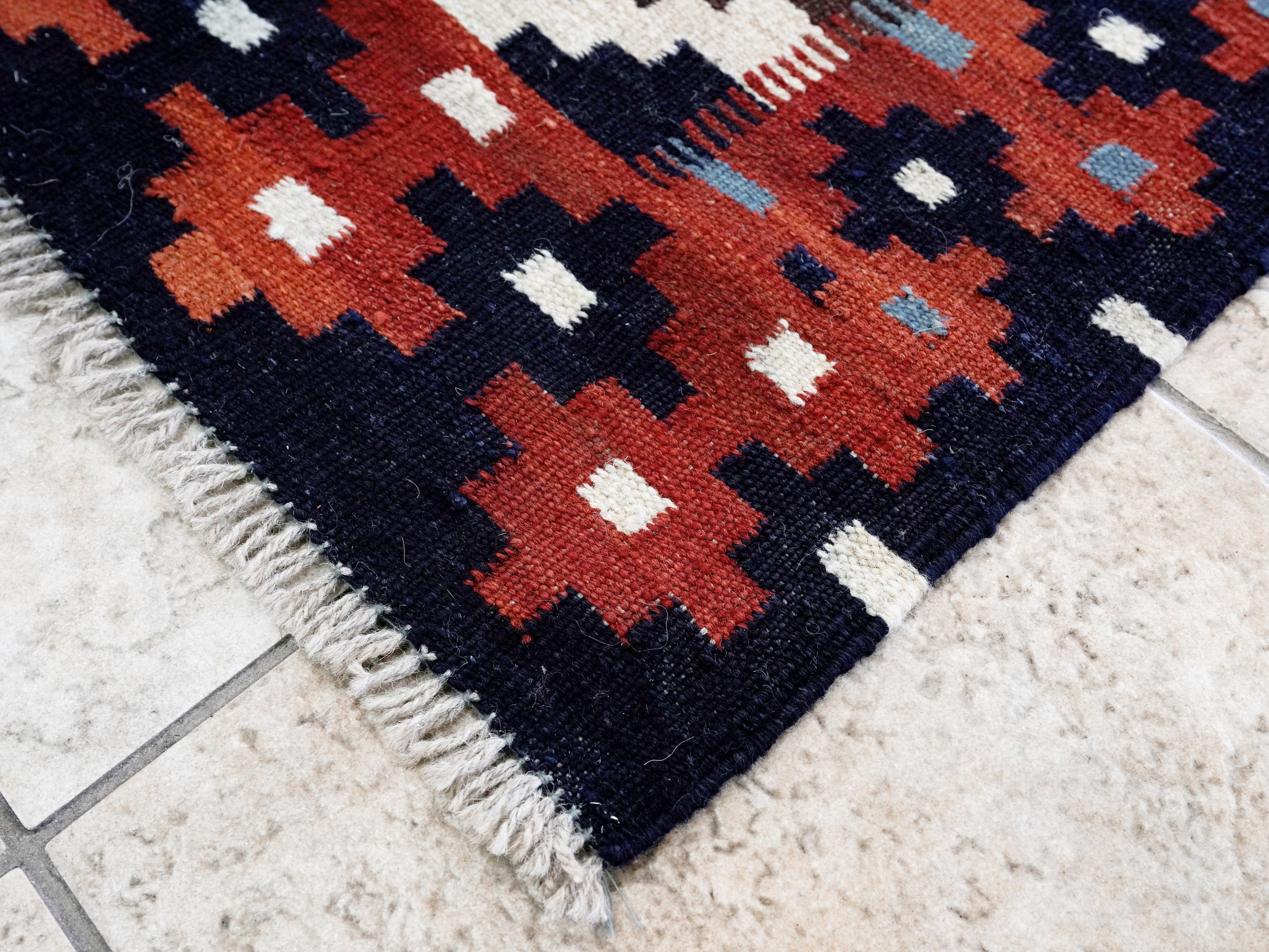 4x4 Ft Blue Square Killim Rug - Afghan Handwoven Flatweave