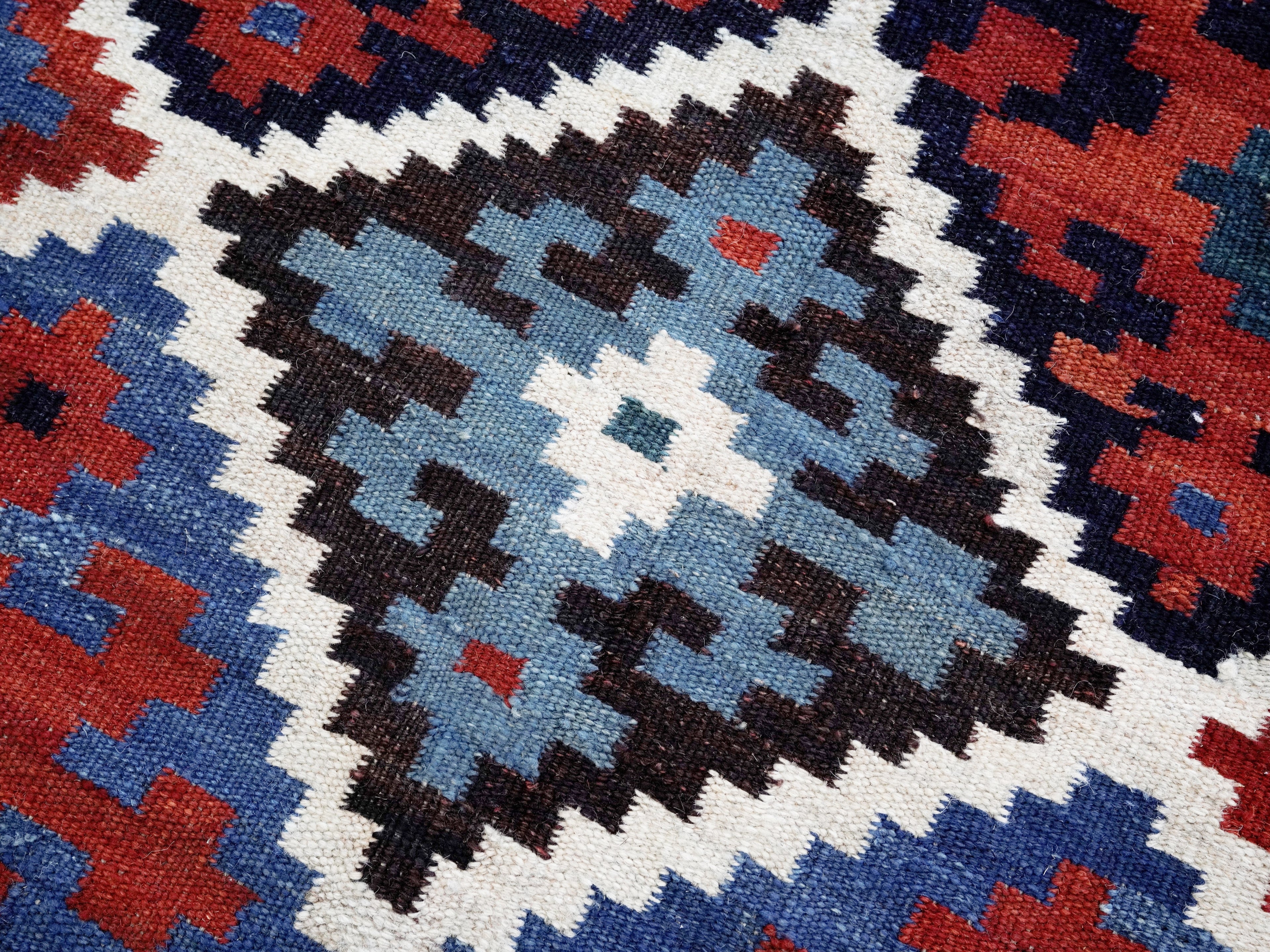 4x4 Ft Blue Square Killim Rug - Afghan Handwoven Flatweave