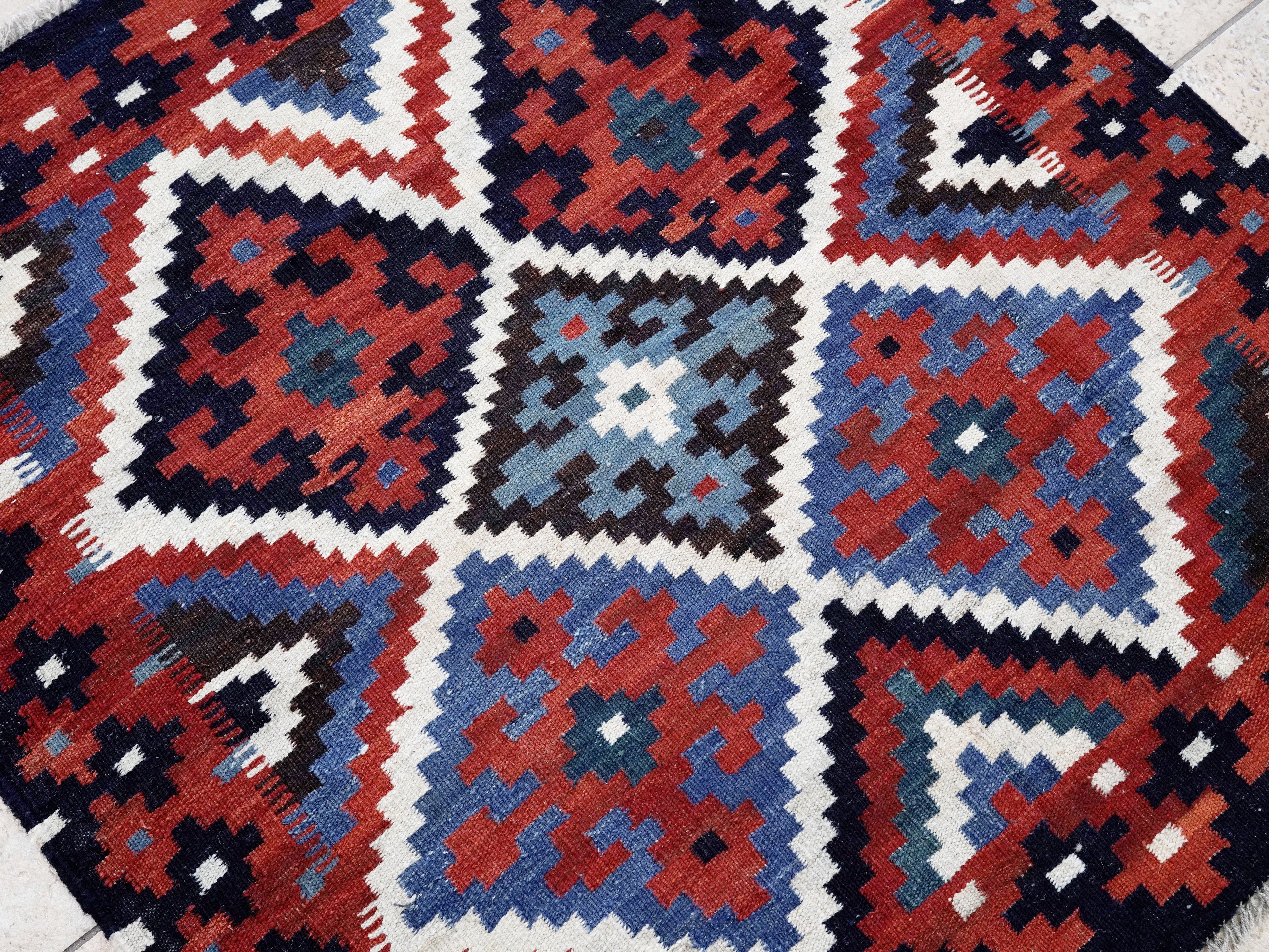 4x4 Ft Blue Square Killim Rug - Afghan Handwoven Flatweave