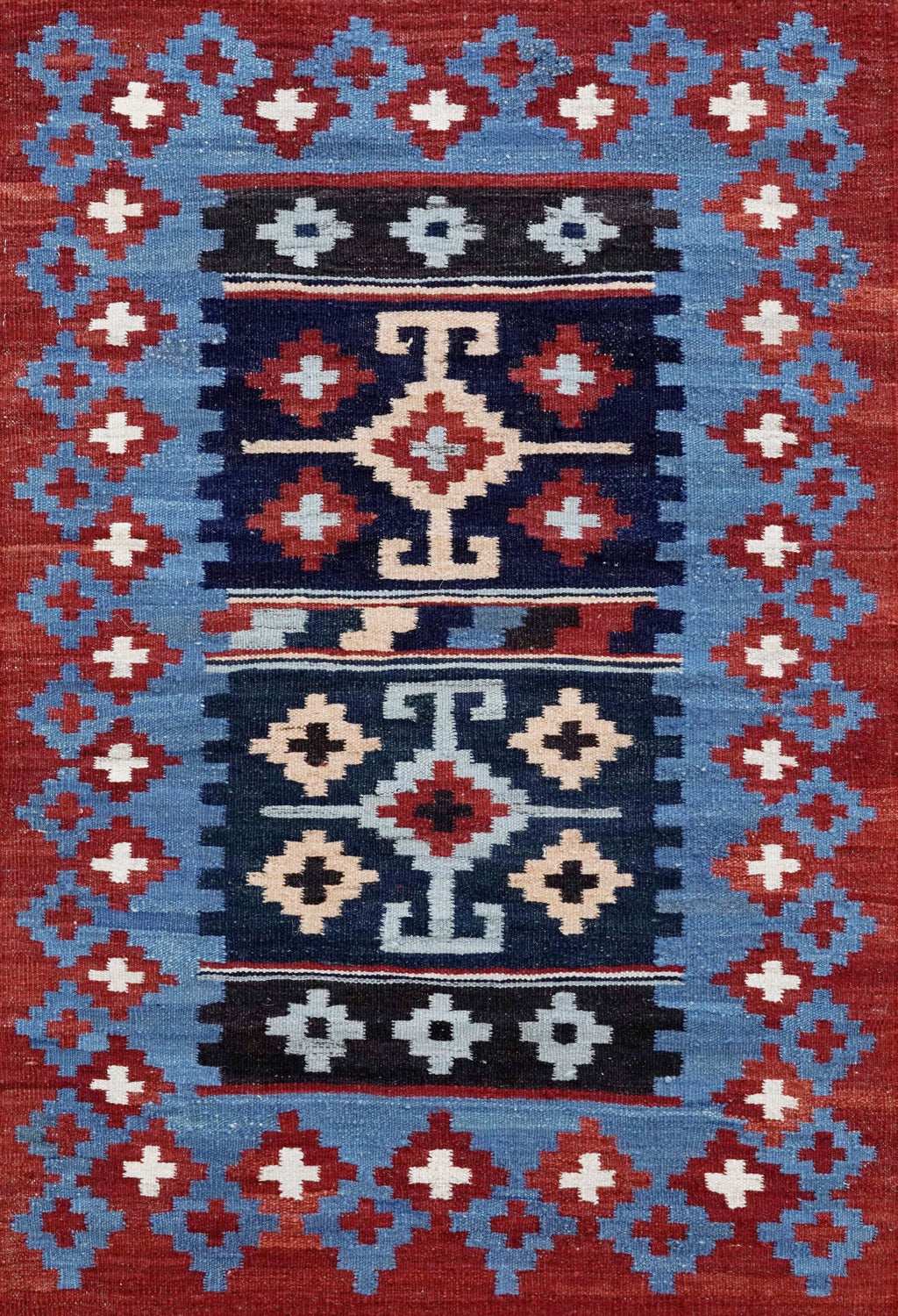 3x4 Ft Red & Blue Killim Rug - Hand Knotted Afghan Flatweave Rug