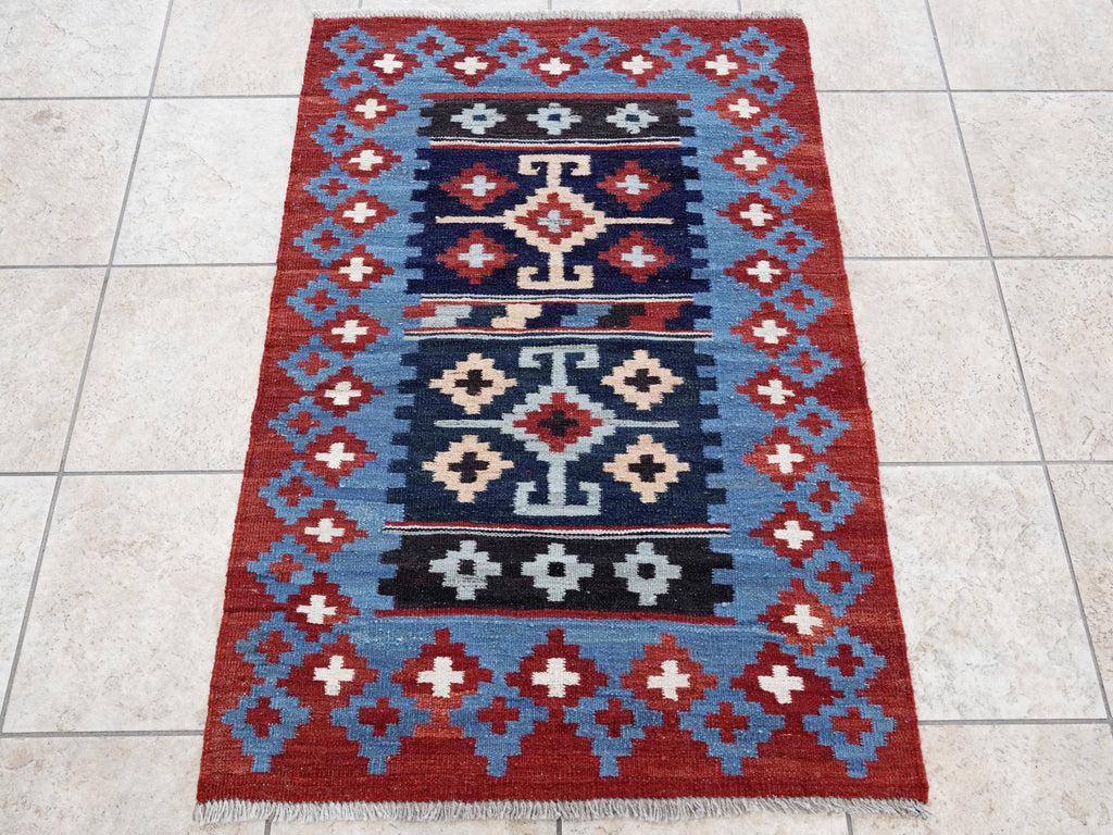 3x4 Ft Red & Blue Killim Rug - Hand Knotted Afghan Flatweave Rug