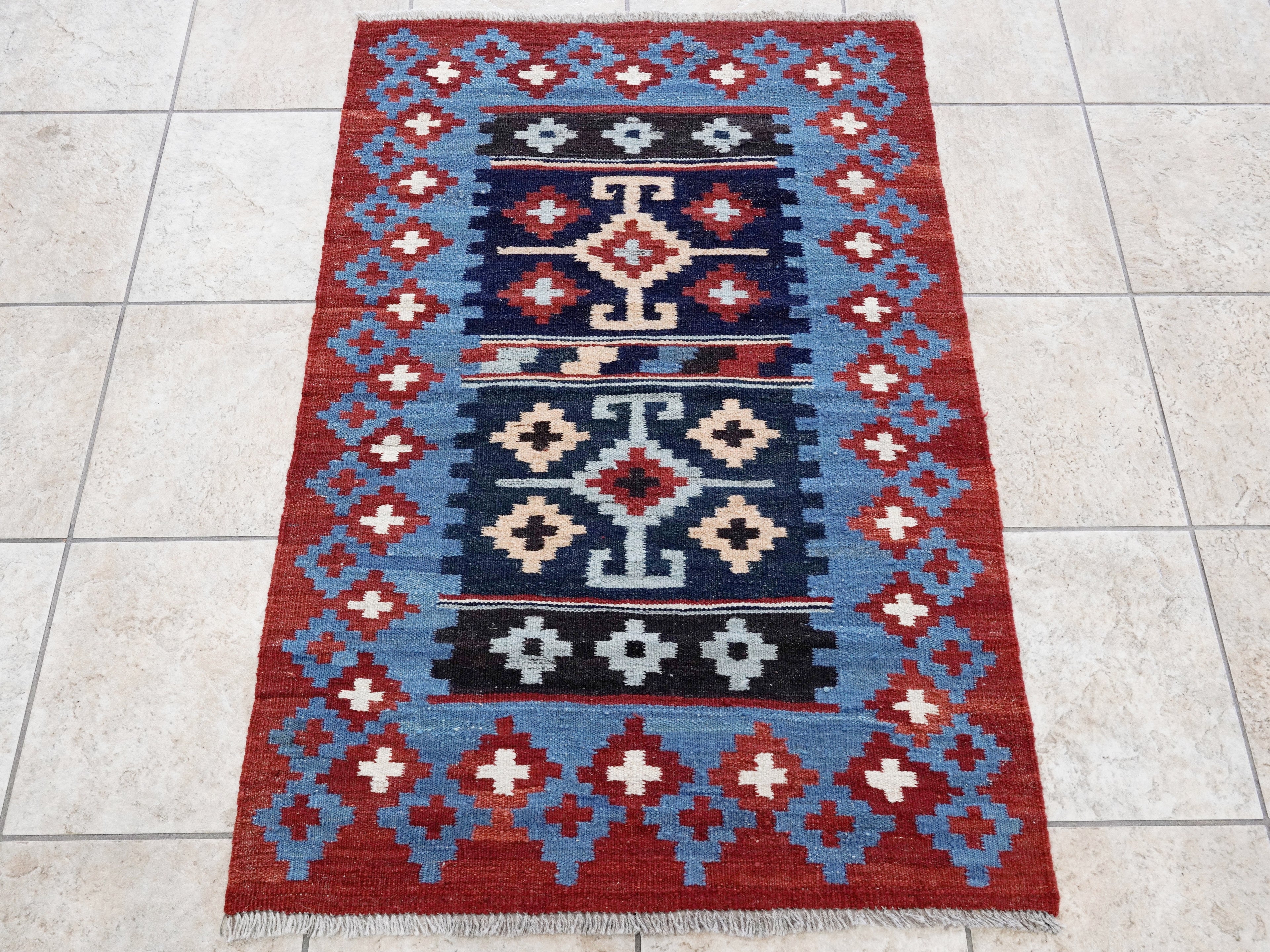 3x4 Ft Red & Blue Killim Rug - Hand Knotted Afghan Flatweave Rug
