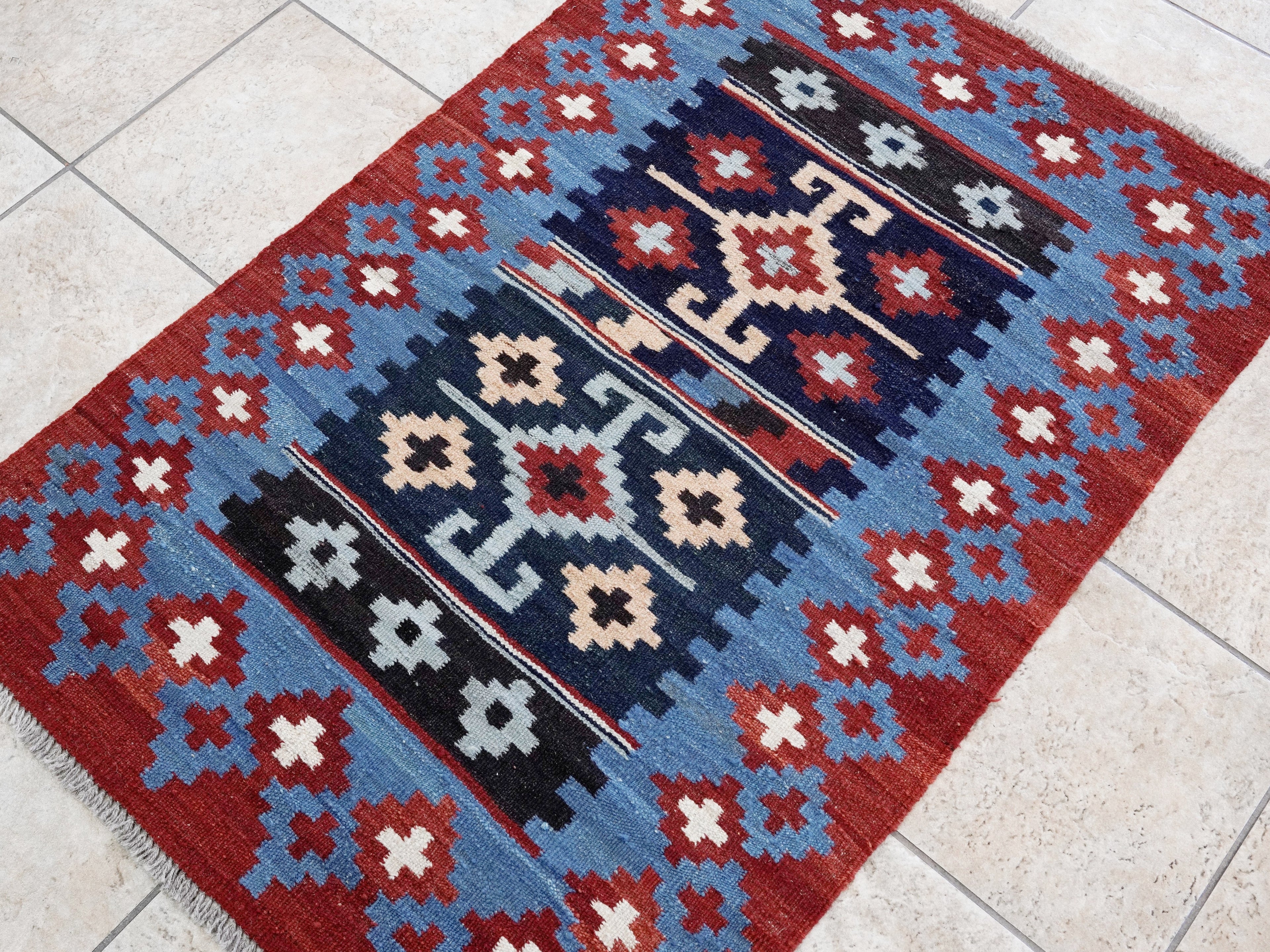 3x4 Ft Red & Blue Killim Rug - Hand Knotted Afghan Flatweave Rug