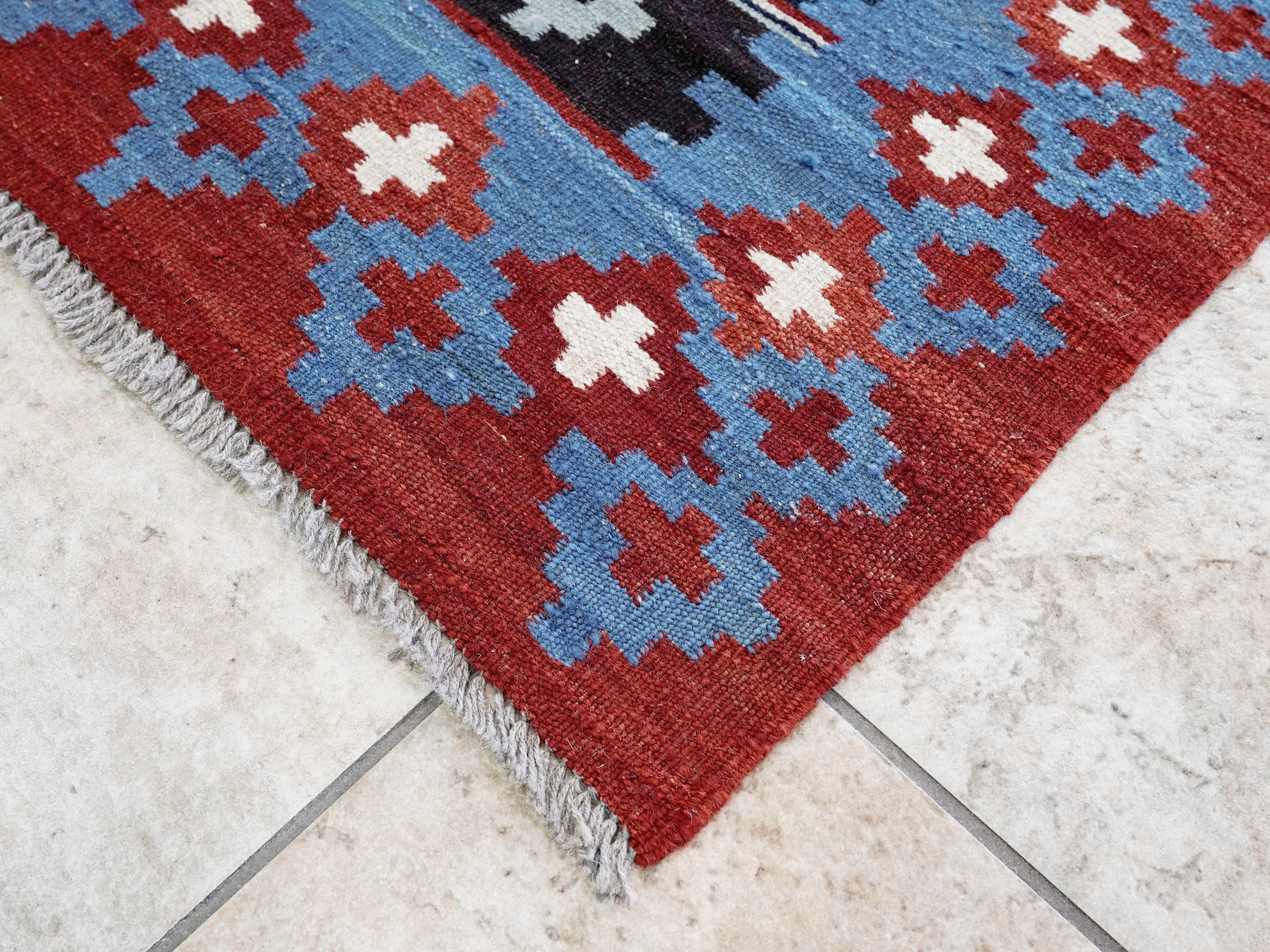 3x4 Ft Red & Blue Killim Rug - Hand Knotted Afghan Flatweave Rug
