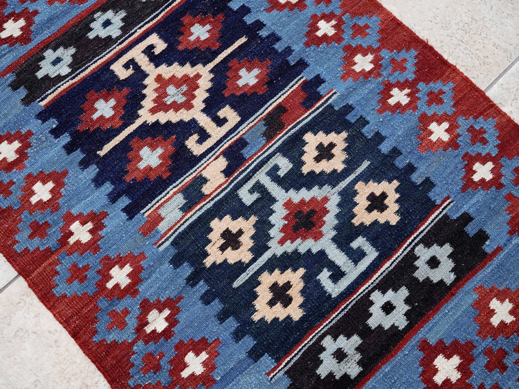 3x4 Ft Red & Blue Killim Rug - Hand Knotted Afghan Flatweave Rug